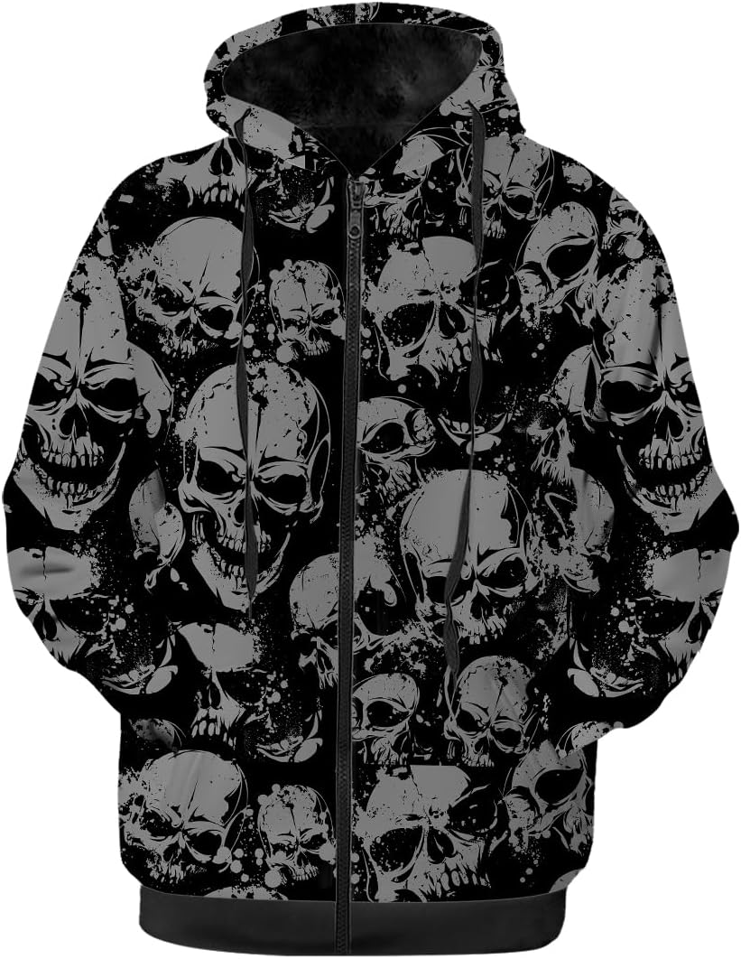 Men's Skull Winter Jacket,Black Fleece Lined Zip-up Hoodie Warm Sweatshirt Coat