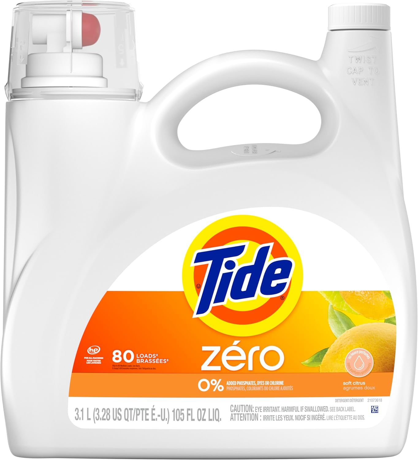 Tide Zero Liquid Laundry Detergent, Soft Citrus Scent, 80 Loads, CleanScent Technology, 3.1 L