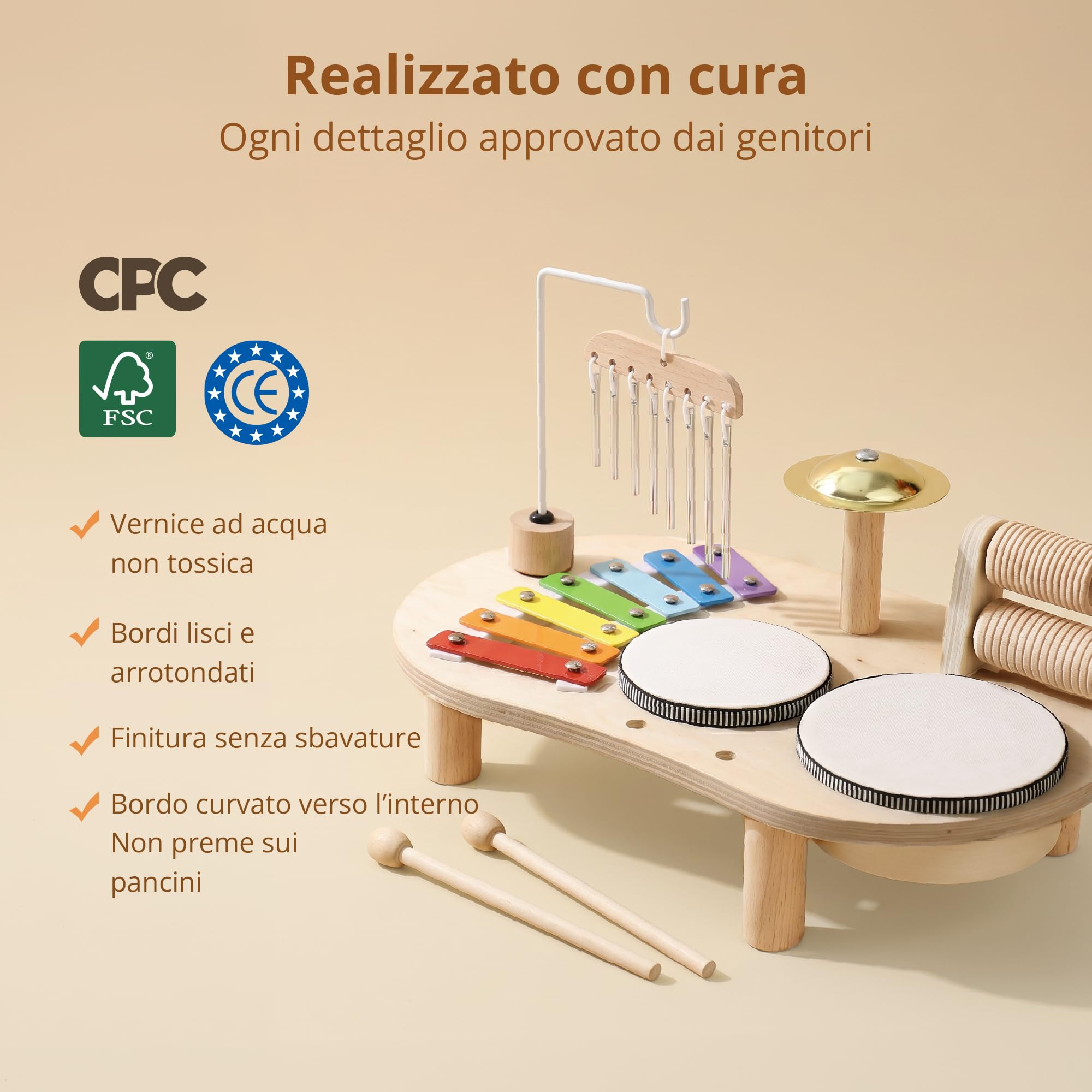 Strumenti Musicali in Legno per Bambini da 1 a 3 Anni, Batteria Montessori con Tamburo, Xilofono e Percussioni, Giocattolo Musicale Educativo, Regalo per Bambine e Bambini