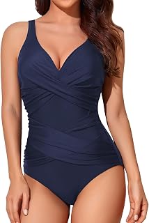 Tummy Control Swimsuits for Women Slimming One Piece Bathing Suit Retro Ruched Push Up Vintage Padded Swimwear