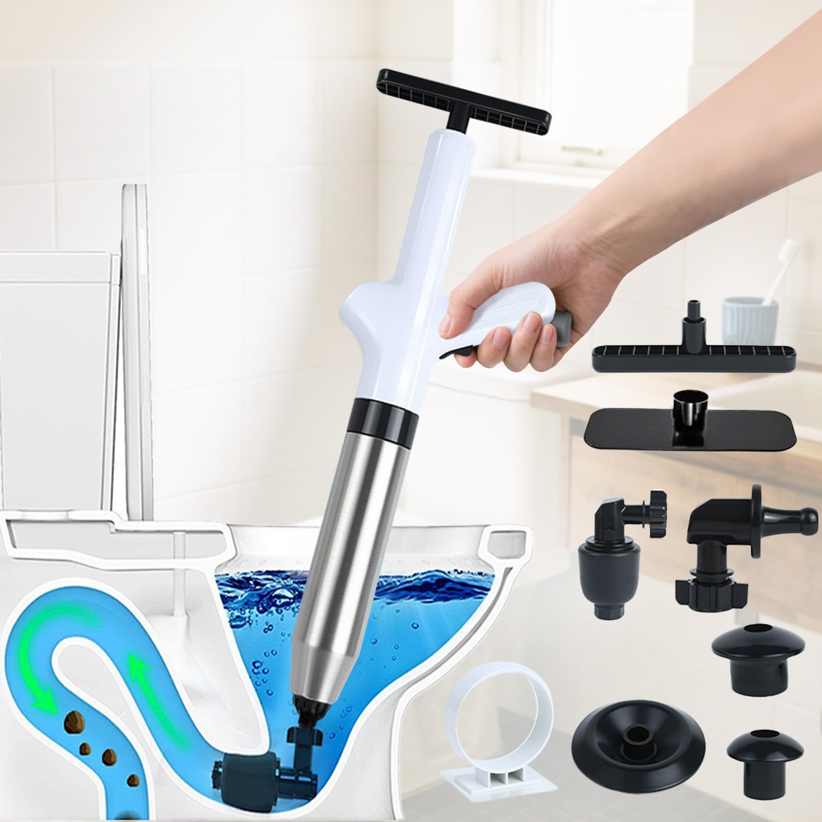 Déboucheur de Canalisations Haute Pression (4 Adaptateurs), Pompe à Détartrage Professionnelle avec Compression d'Air et Manomètre– Pour Toilettes, Évier, Douche, Cuisine – Anti-Bouchon Tuyauterie