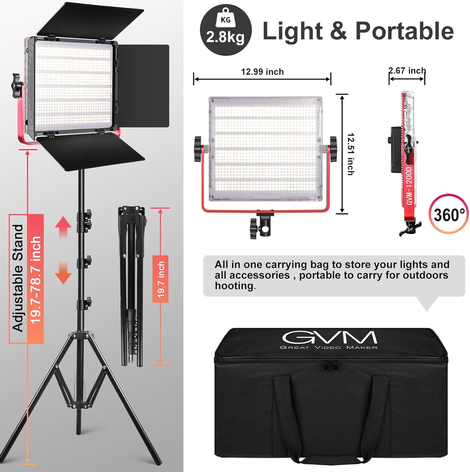 GVM 1200D PRO RGB LED Video Light with 3 Softboxes,50W Video Lighting Kit, 360°Full Color Led Panel Light Kit with APP Control 3 Packs Photography Light, 3200K-5600K, Aluminum Alloy Shell, CRI 97