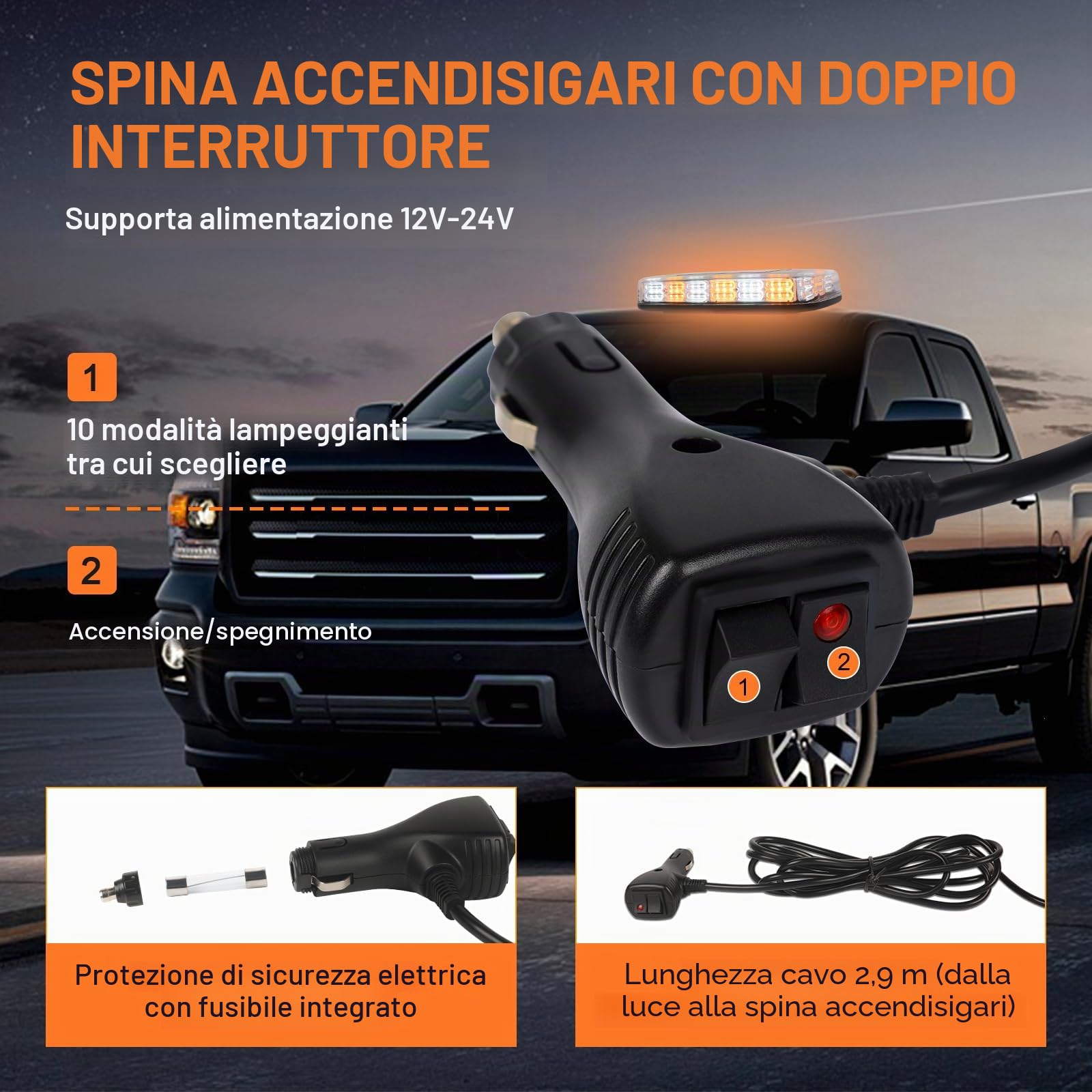 AOHEWEI Barra Luminosa LED Stroboscopica Ambra, 108 LED 10 Modalità Lampeggiante - Luce di Emergenza per Veicoli, Impermeabile IP67 con Base Magnetica 12V/24V per Rimorchi Camion SUV Veicoli