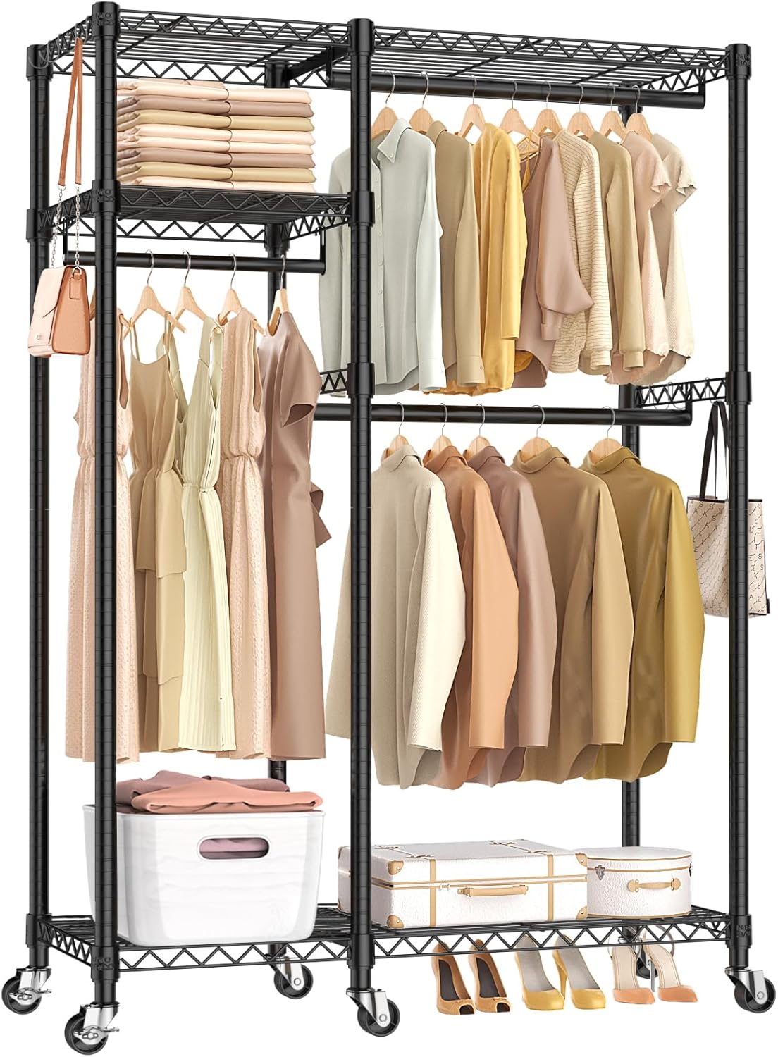 Clothing Racks with Wheels for Hanging Clothes with Shelves, Closet Organizers and Storage Metal Heavy Duty,Rolling Wardrobe Garment-Rack Metal Wire Shelving Freestanding, Black