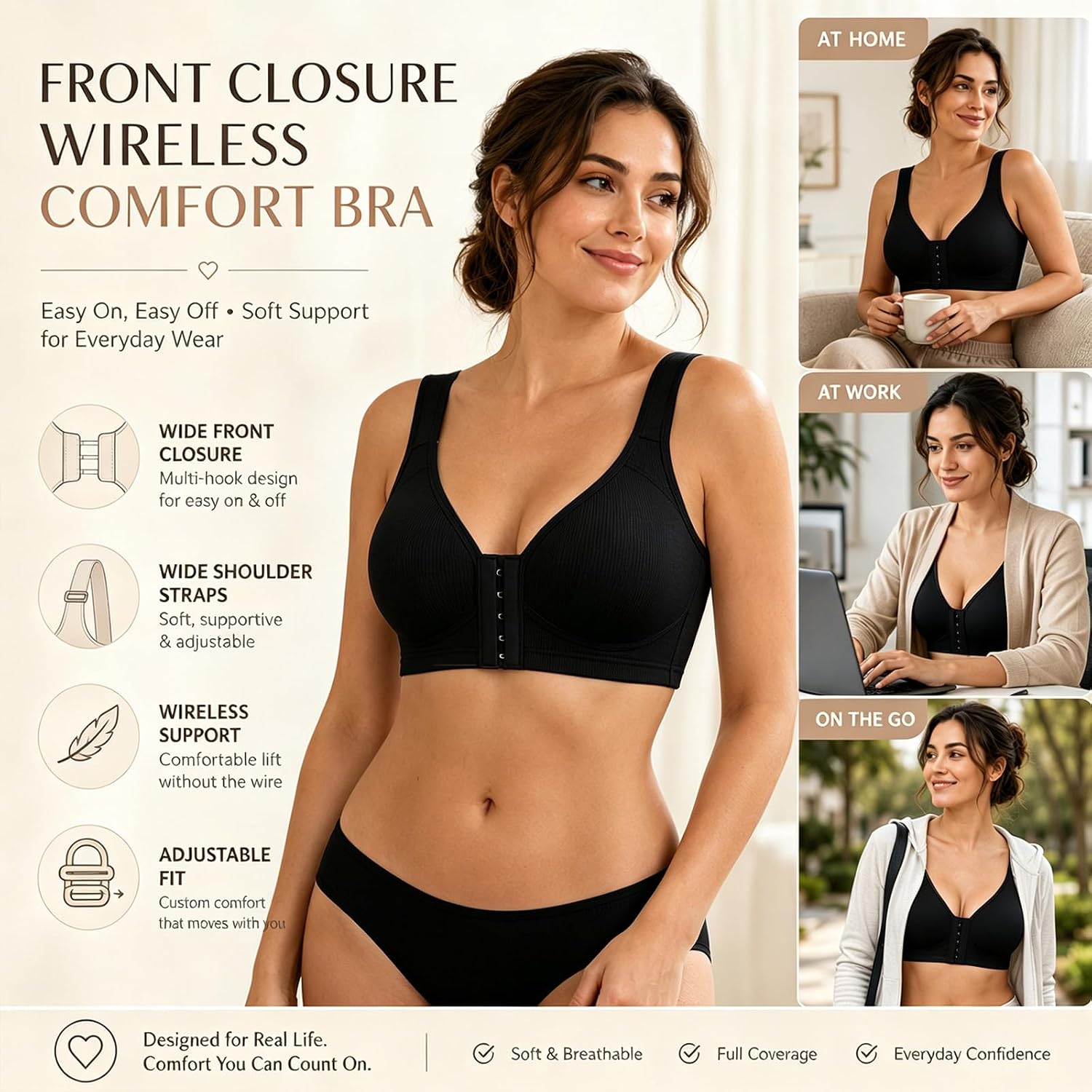 Wireless Front Closure Bras for Women, Soft Breathable Full Coverage Bralettes, Daily Support Bra Pack