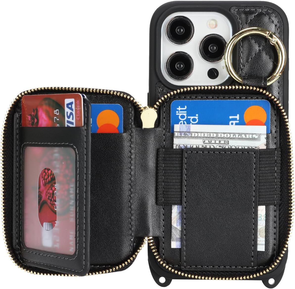 Crossbody Wallet Case for iPhone 15 Pro, PU Leather Zipper Handbag Purse Flip Cover, Kickstand Folio Case with Card Slots Holder Wrist Strap Lanyard 5G 6.1 Inch-Black