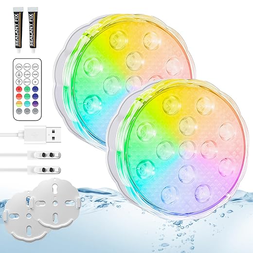 YiaMia Rechargeable Pool Lights with Remote, 2 Pack IP68 Waterproof Submersible LED Lights for Above Ground & Inground Pools, Bath, Shower, Party Decoration, Spas, Aquariums