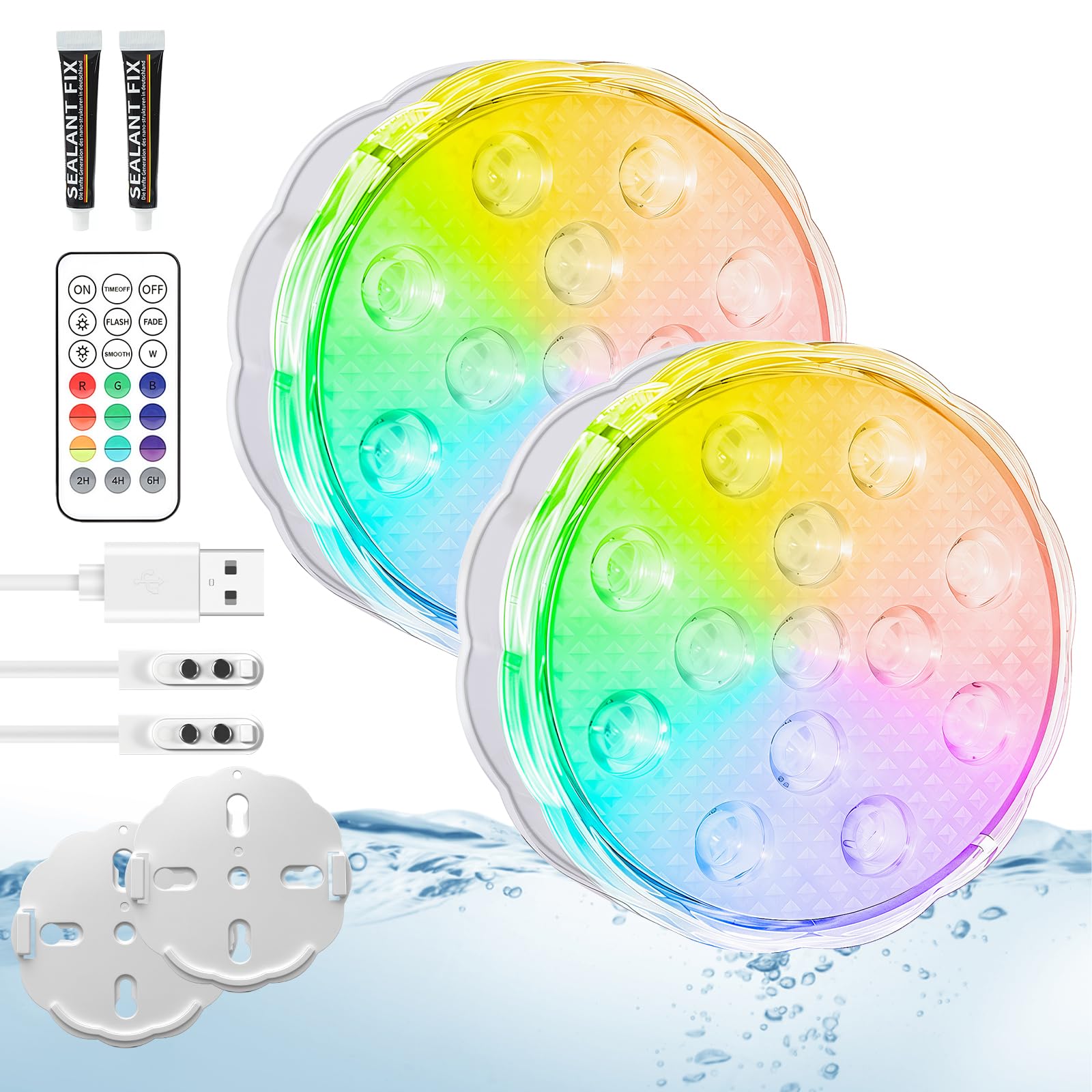 Rechargeable Pool Lights for Above Ground &amp; Inground Pools with Remote, 2 Pack IP68 Waterproof Submersible LED Pool Lights, 17 Color Modes with Timer, Magnetic Charging, Hot Tub, Bath, Shower, Pond