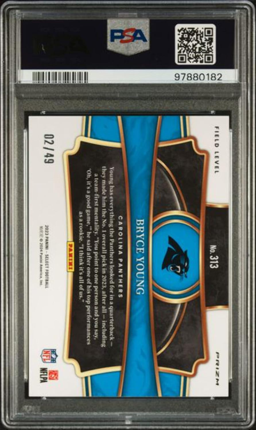 Graded 2023 Panini Select Bryce Young #313/49 Blue Prizm Rookie RC Football Card PSA 10 Gem Mint