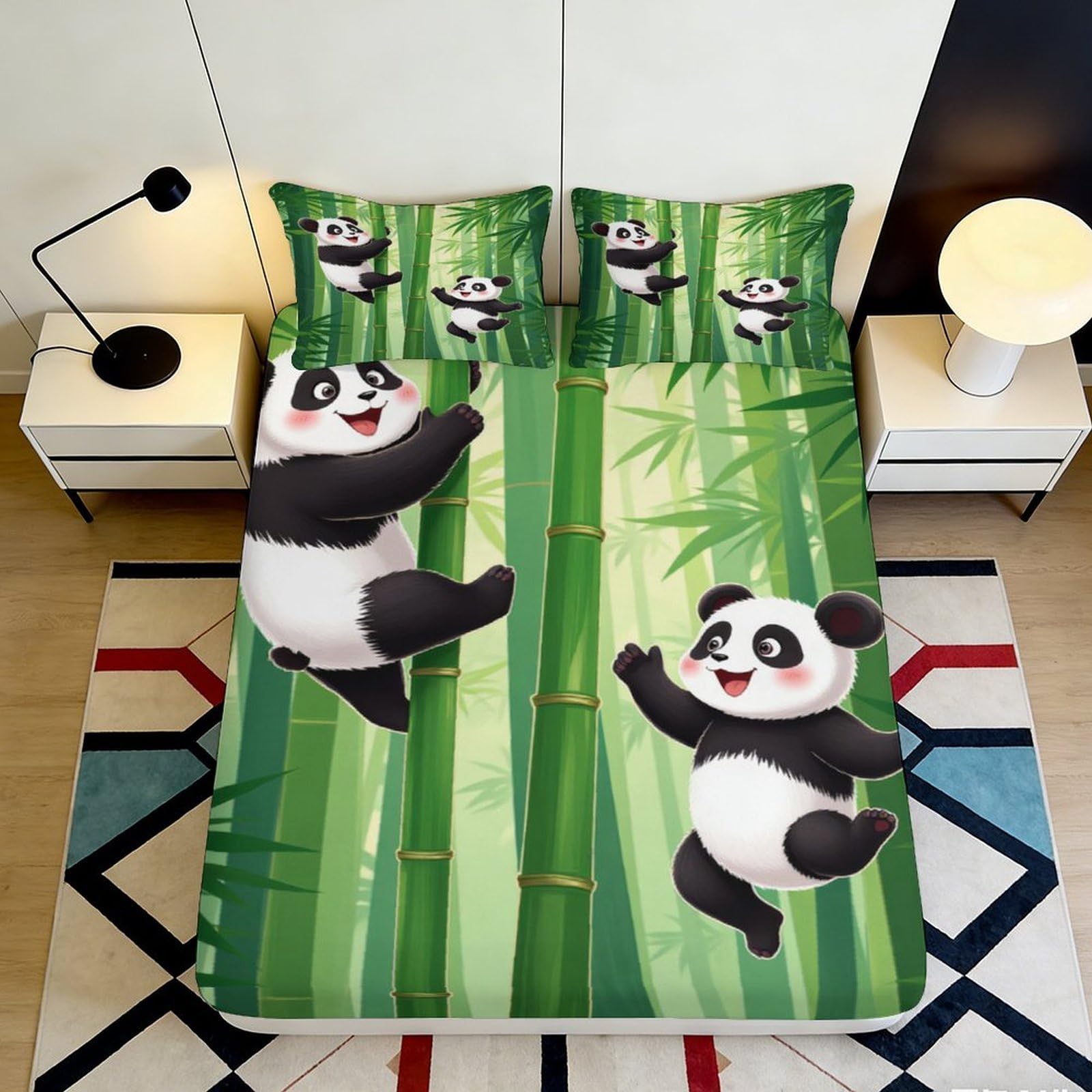 3D Printed Cartoon Panda Fitted Sheet Microfiber Soft Breathable Bamboo Forest Bed Cover for Bedroom Guest Room Decor 90x200x25cm