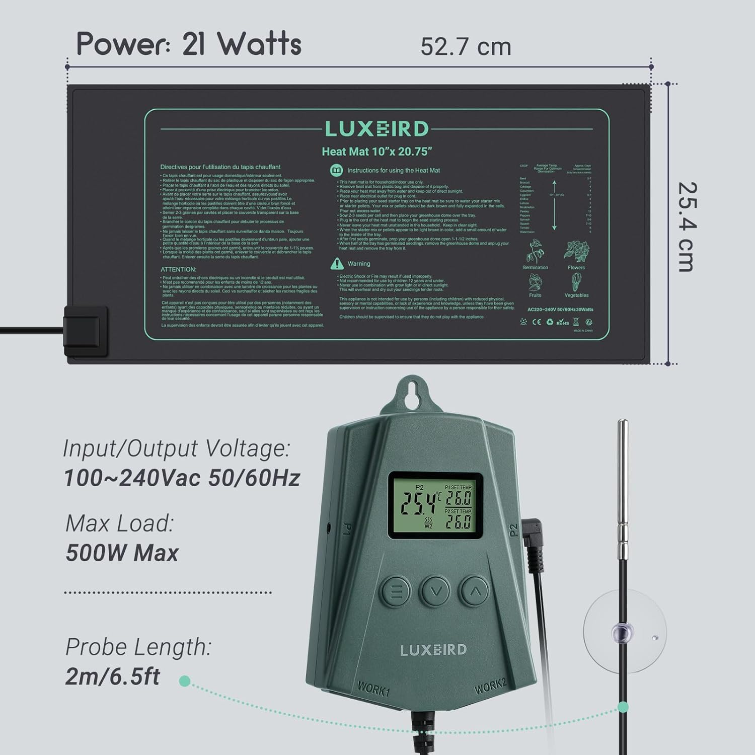 A Luxbird heat mat with dimensions 52.7 cm by 25.4 cm, showing 21 Watts power, and the thermostat controller with input/output voltage, max load, and probe length specifications.