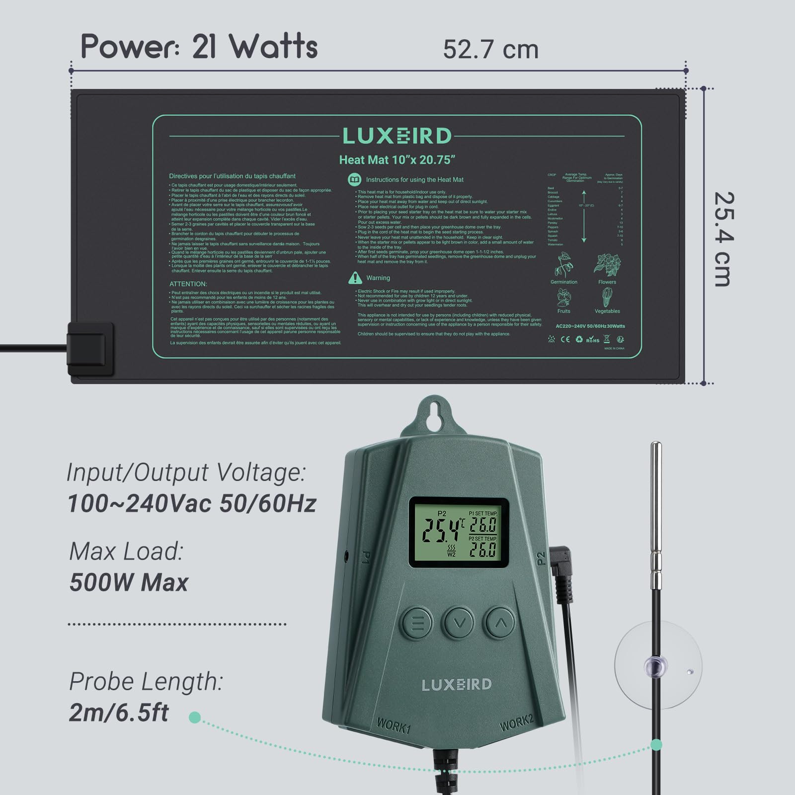 Luxbird Alfombrilla térmica para plántulas y Controlador de termostato, 21W Mantas calefactoras, Esterilla Calefactora para Siembra y Germinación en Interiores 2 Pieza Esterilla calefactora