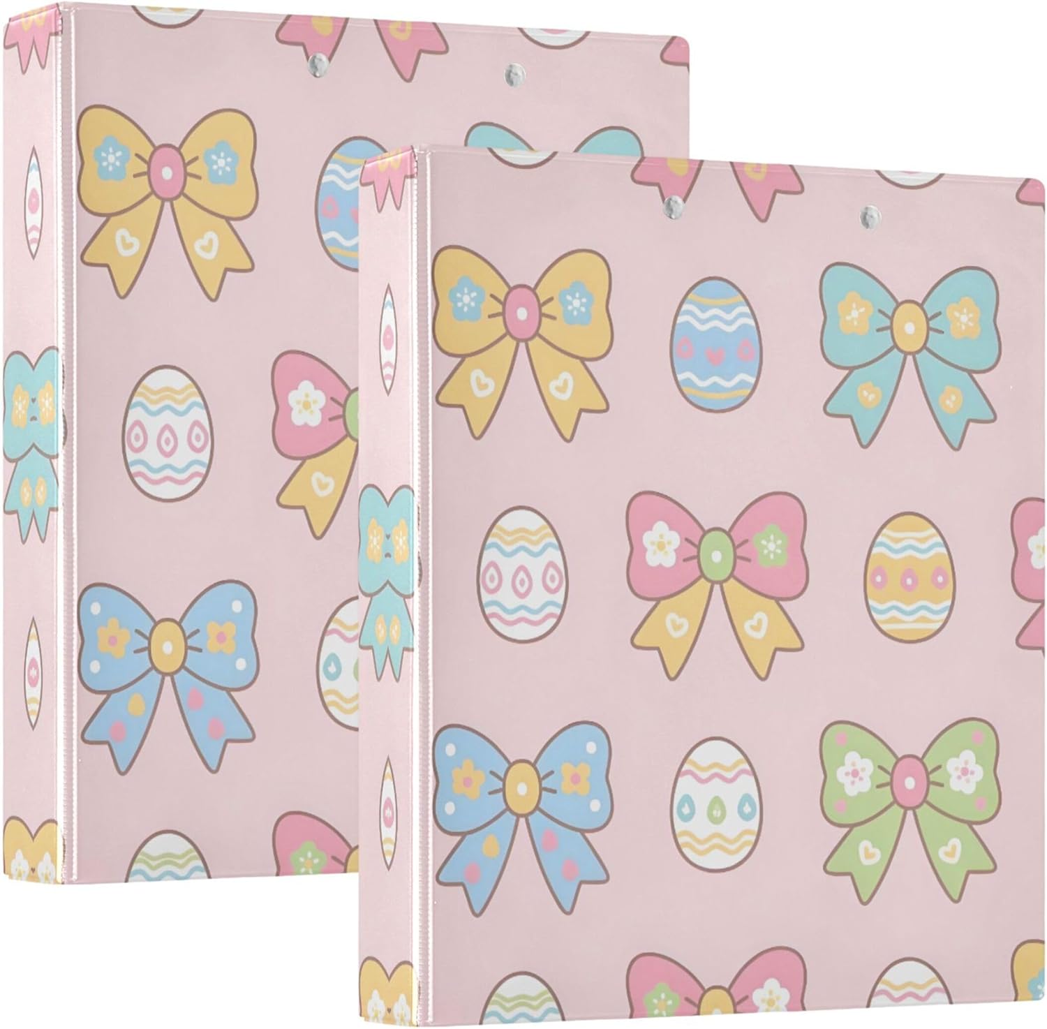 Colorful Easter Bows and Eggs 3 Ring Binders, 1.5” Round Ring Binders with Clipboard - Letter Size, 3 Interior PVC Clear Pockets & Anti-Slip Clip for Office School Supplies, 2PCS