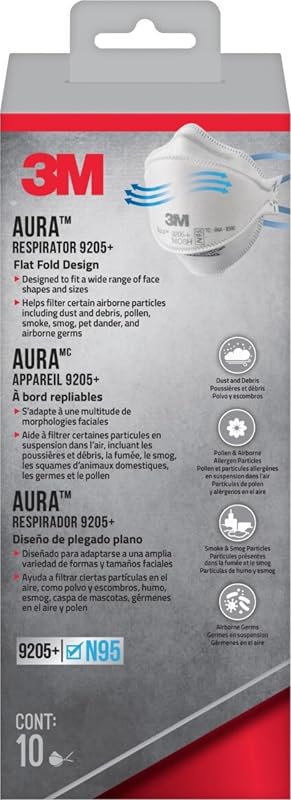 Aura Particulate Respirator 9205+, N95 Disposable Respirator, Use For Sanding, Sawing, Yard Work, Dusting, Mowing, Raking, Curved, Low-profile, 3-panel Design for Easy Facial Movements, 10pk
