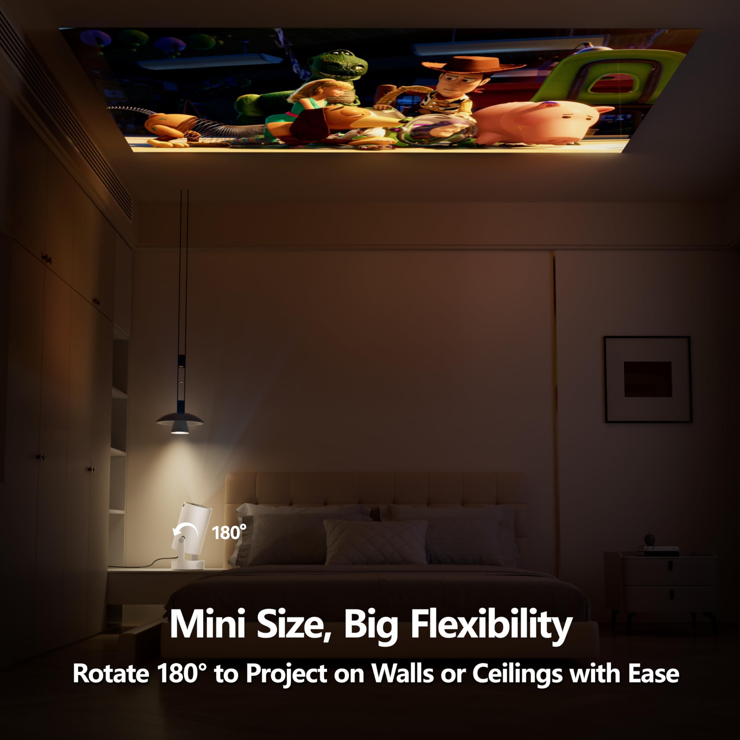 Mini proiettore portatile con supporto 1080P 4K, 20000 lumen, Wi-Fi 6 e Bluetooth 5.0, proiettore Home Cinema girevole a 180° con Keystone verticale automatico e altoparlanti HiFi