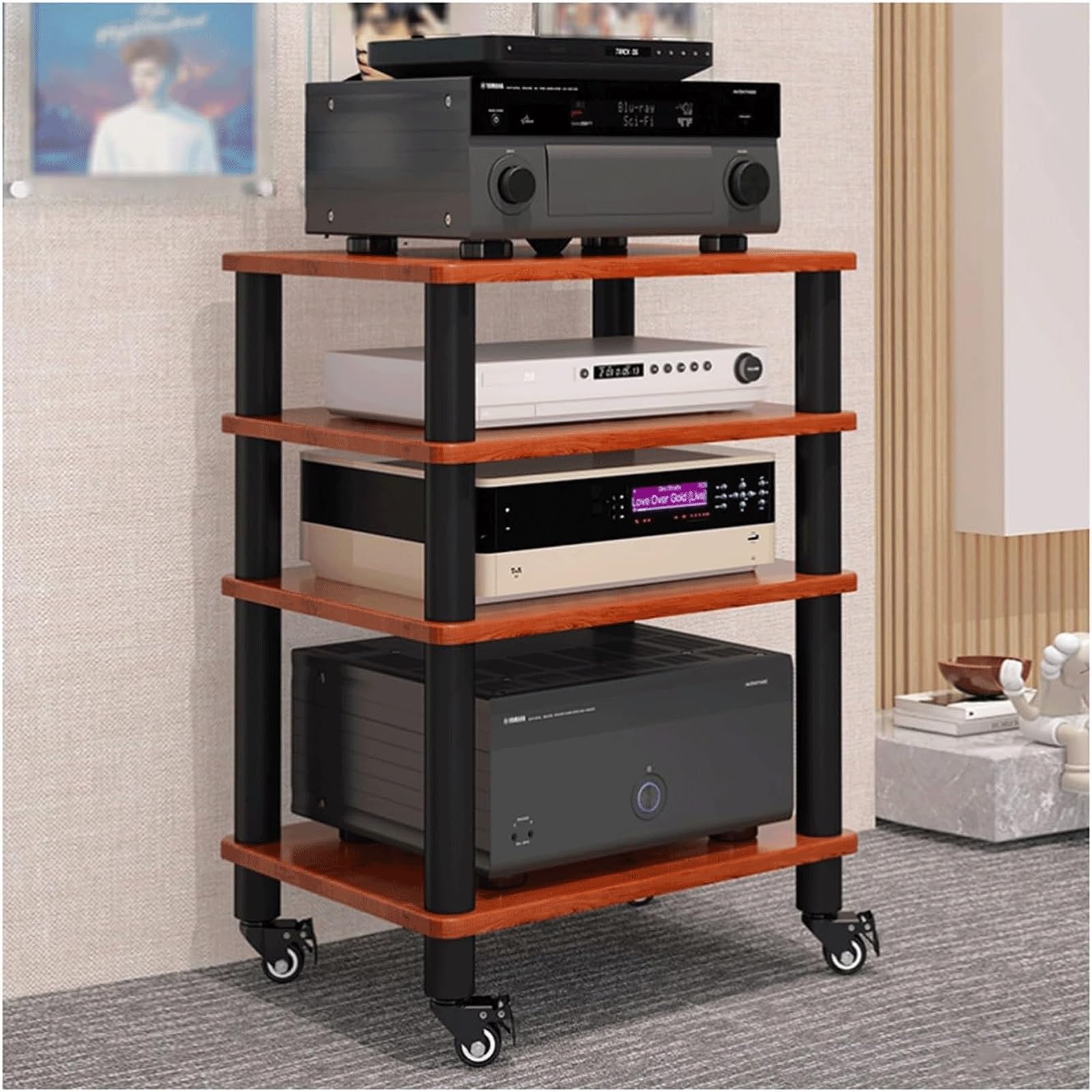 CWCQGH Wooden Audio Rack with Wheels 1 Tier Stereo Rack Open Cabinet for Audio Equipment Mobile Audio Video Shelving Stylish Finish,Brown-4 Tier