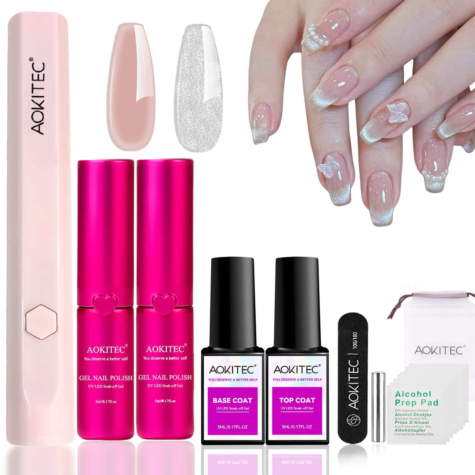 Aokitec Gel Nail Polish Starter Kit: Nudes & Sliver Cat Eye Gel Nails with UV Lamp & Base & Top Coat, DIY Travel Salon Set