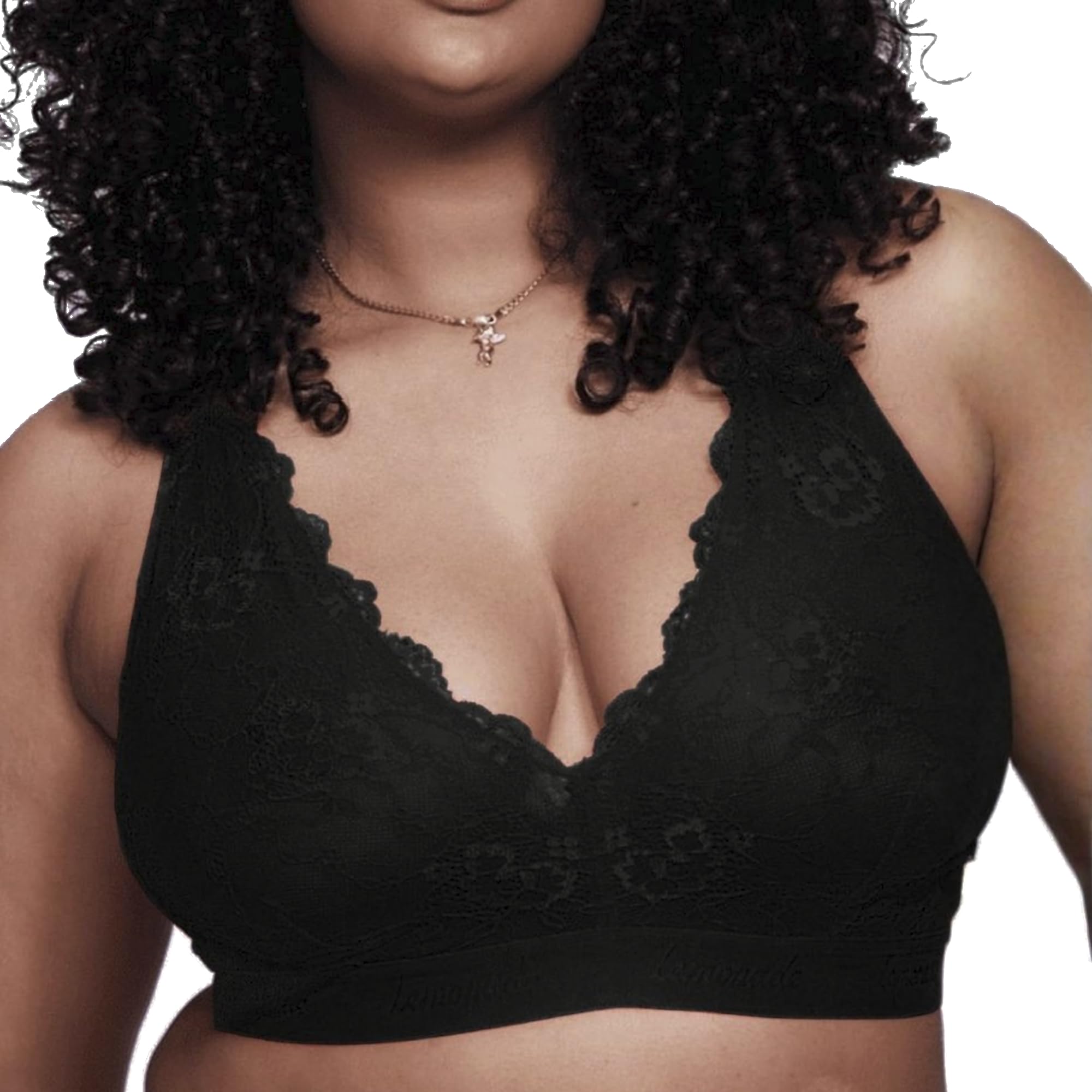 Lemonade Dolls Women's Signature Lace Non Wired Bralette, Black | Wireless black lace bralette with concealed power mesh support, scalloped neckline and signature elastic band