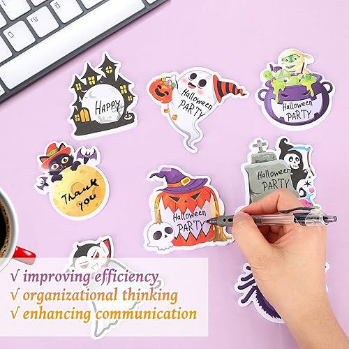 Miniatura 5 de 8 notas adhesivas de Halloween, autoadhesivas, divertidas, con diseño de gato y calabaza, bonitos blocs de notas esenciales para regalos de fiesta,