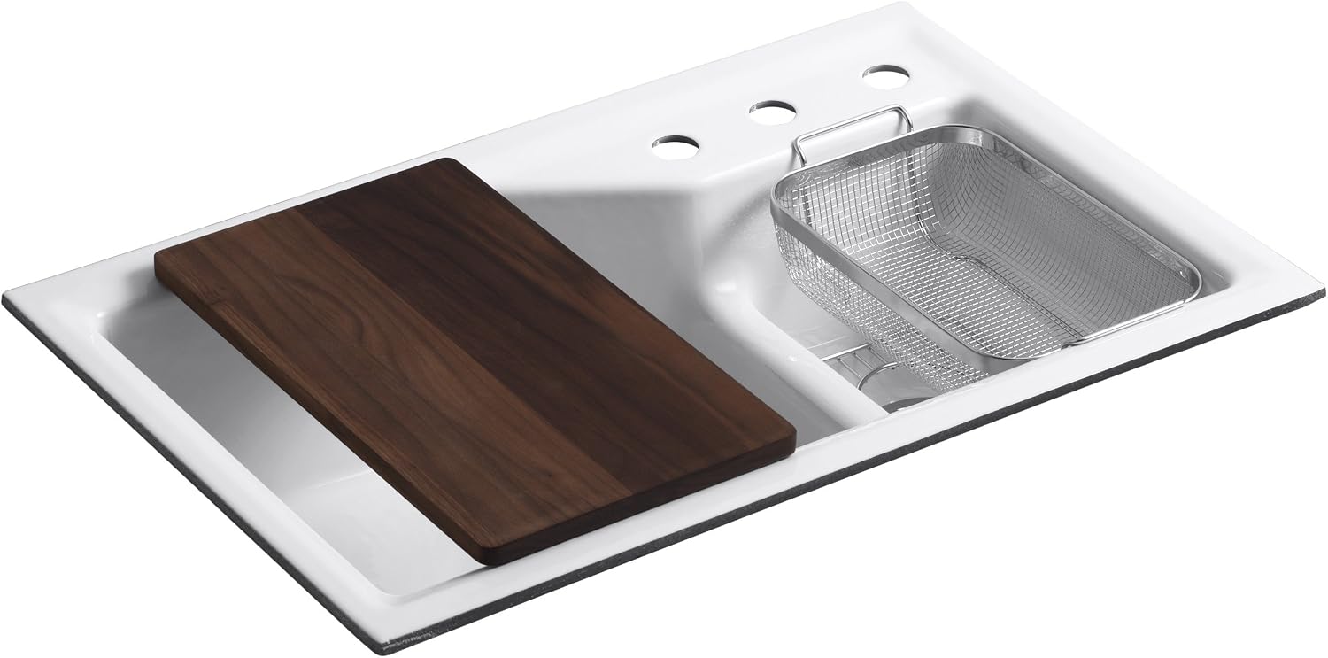 KOHLER K-6411-3-0 Indio Undercounter Double Offset Basin Kitchen Sink with Three-Hole Faucet Drilling, White