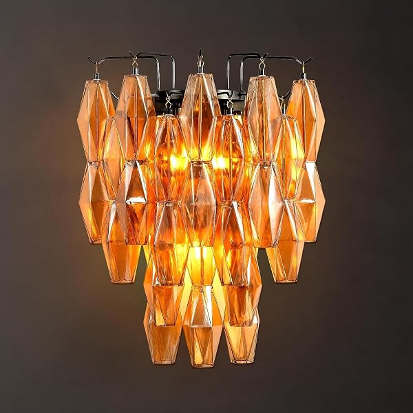 MDEGLYO Brass Round Chandelier, Gold Chandeliers for Dining Room, Amber Glass Chandelier for Living Room, Modern Chandel