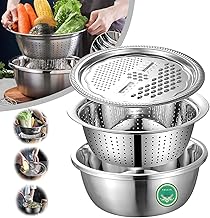 TALLIN Kitchen Multipurpose Grater Bowl With Drain Colander Grater Mesh Basket 3 In 1 Stainless Steel Basin Vegetable And Fruit Washing Bowl Strainer Cutter Salad Maker Set (26Cm),Silver