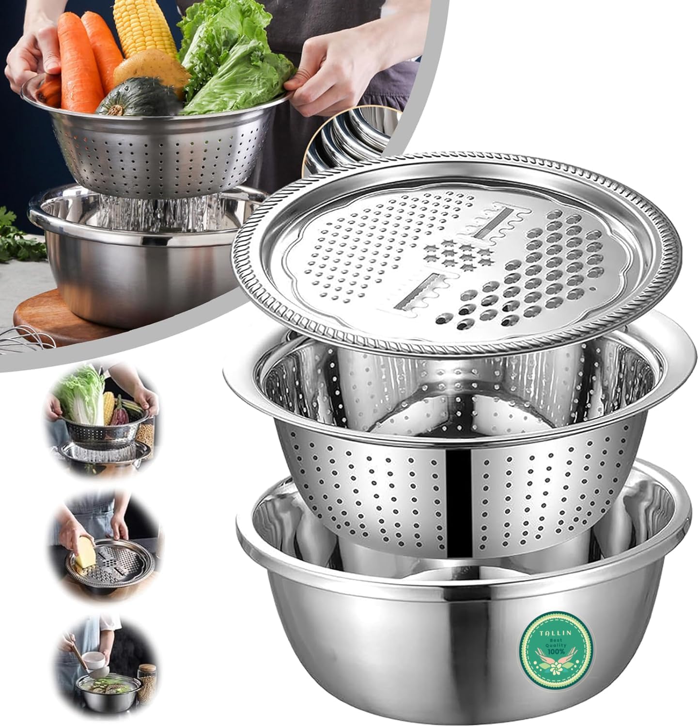 TALLIN Kitchen Multipurpose Grater Bowl With Drain Colander Grater Mesh Basket 3 In 1 Stainless Steel Basin Vegetable And Fruit Washing Bowl Strainer Cutter Salad Maker Set (26Cm),Silver
