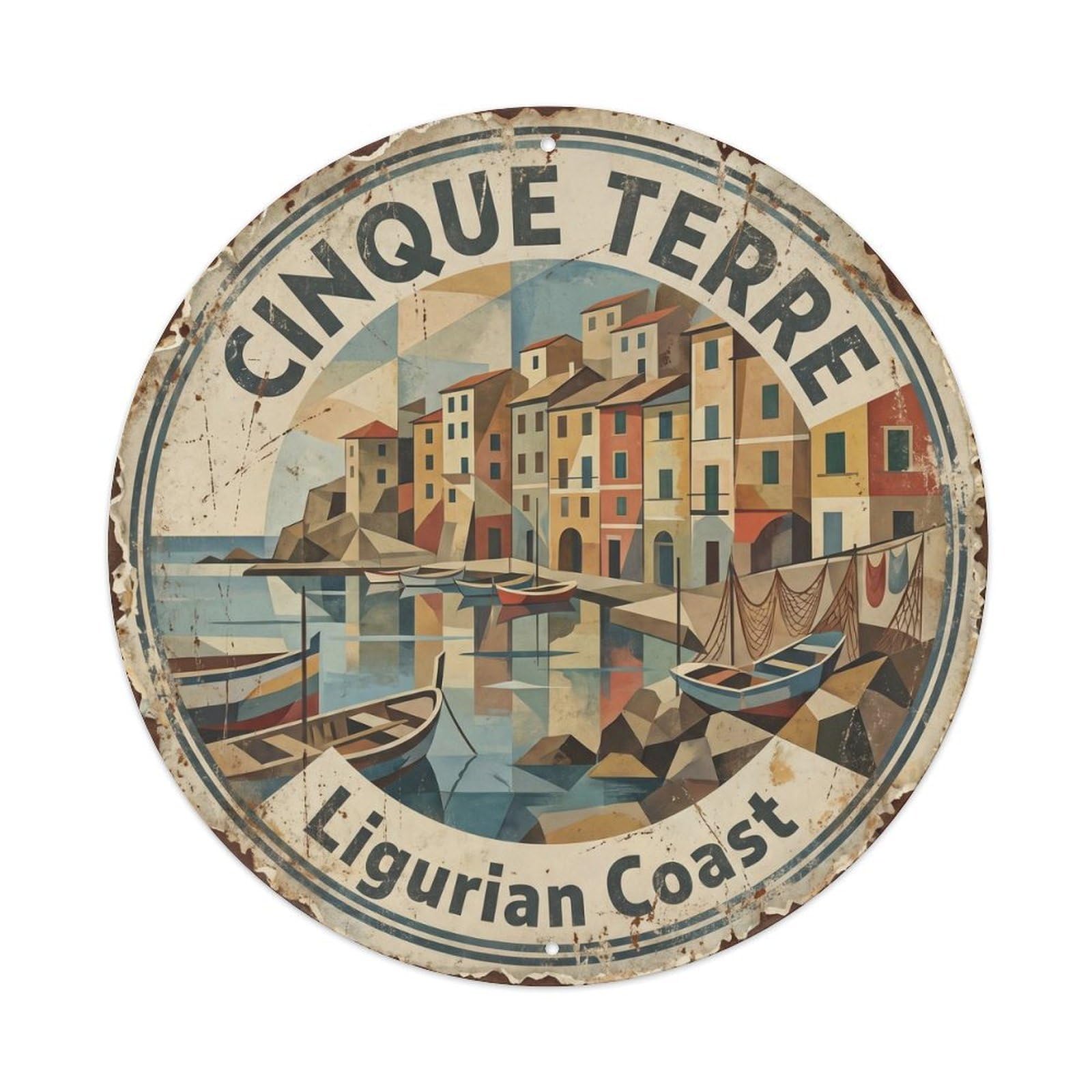 Vintage Travel Harbor Cinque Terre Metal Tin Sign Plaque Wall Decor for Cafe, Club Bar, Office, Home Garden Round Metal Poster 8x8Inch