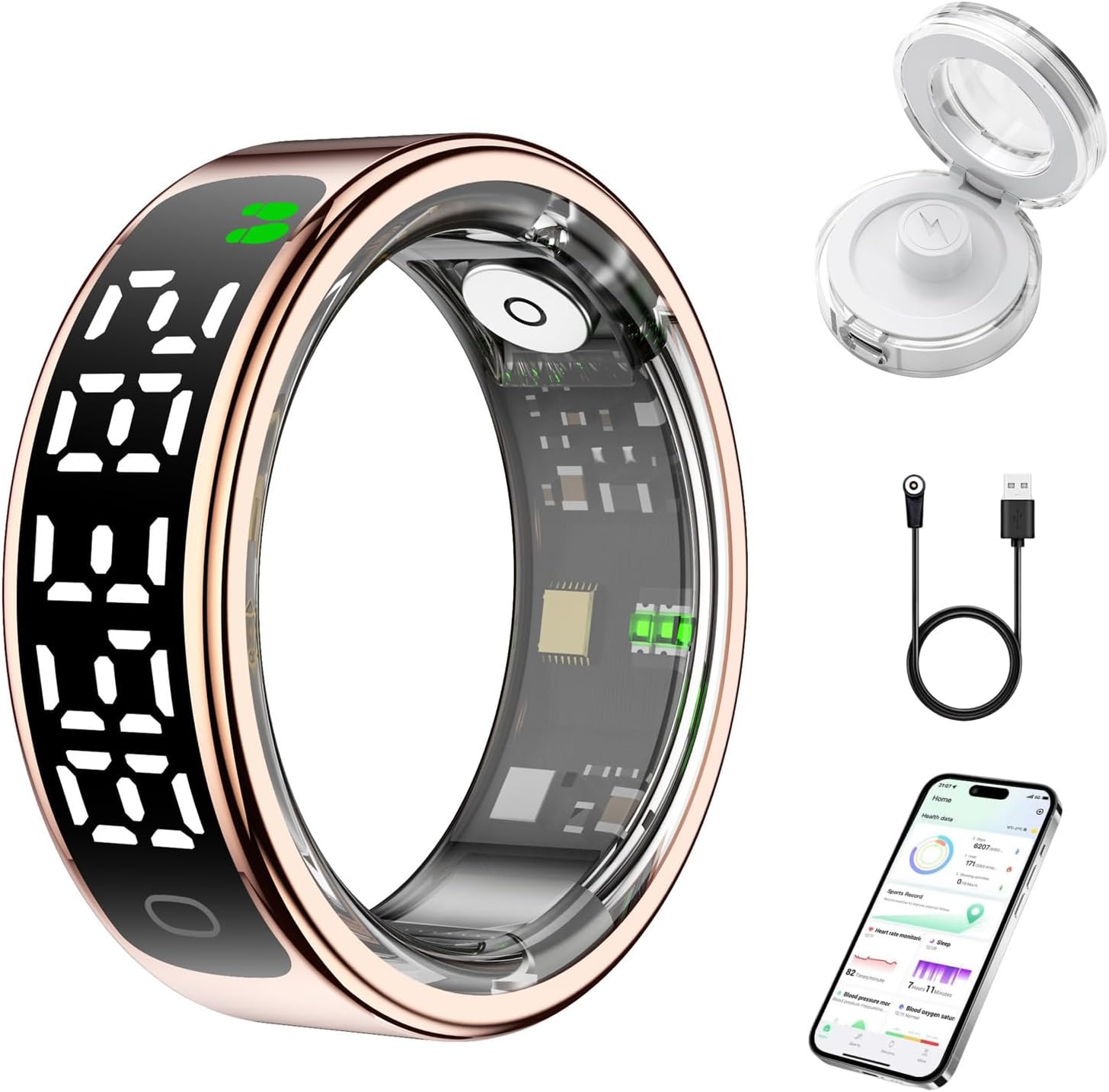Smart Health Ring for Women Men, Smart Ring Fitness Tracker for iOS & Android, Heart Rate, Blood Oxygen, Blood Pressure, Step Counting, Sleep Monitoring ，5ATM Waterproof, No Subscription Fee