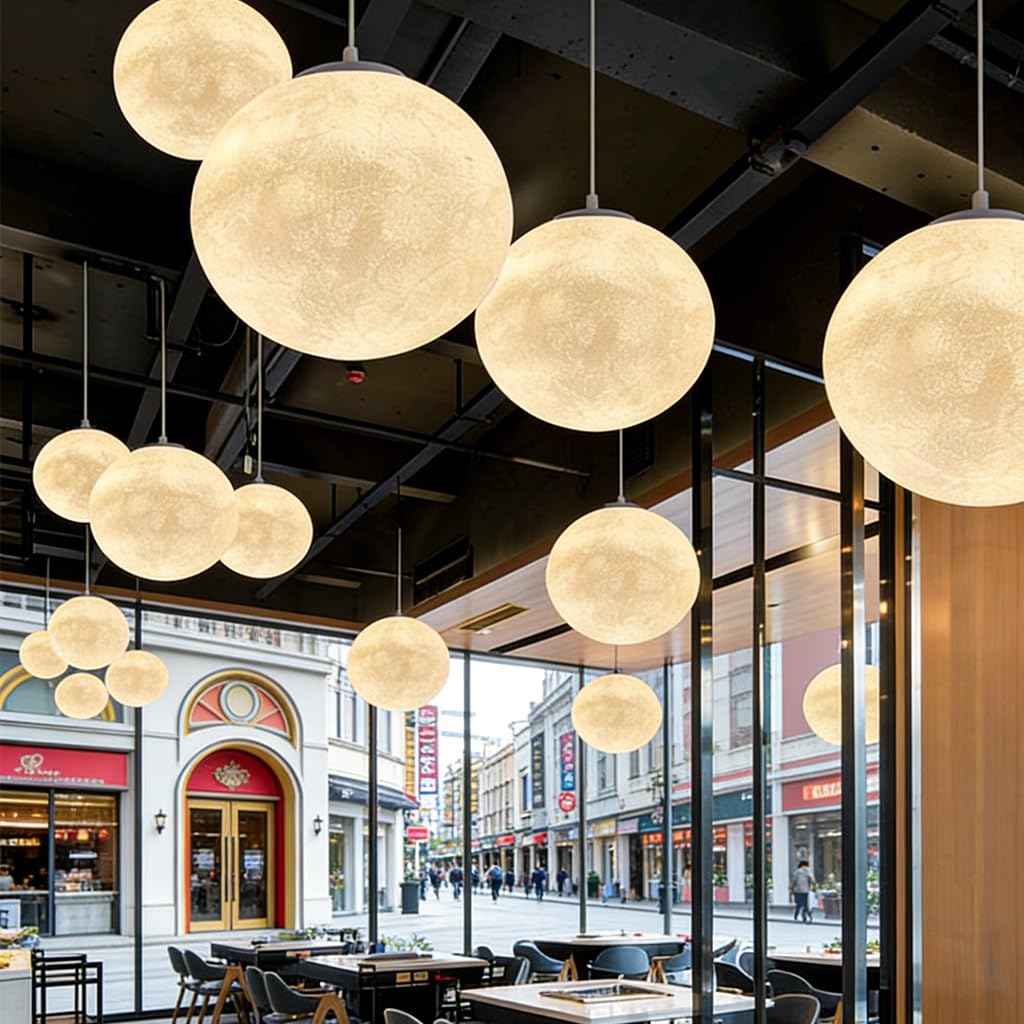 Moderno Luna Colgante Luz E27 Nórdico Dormitorio Resina Fibra Esférica Lámpara Restaurante Tienda Diseño Creativo Bar Billar En Forma De Luna Planeta Lampadario Da Soffitto(25cm)