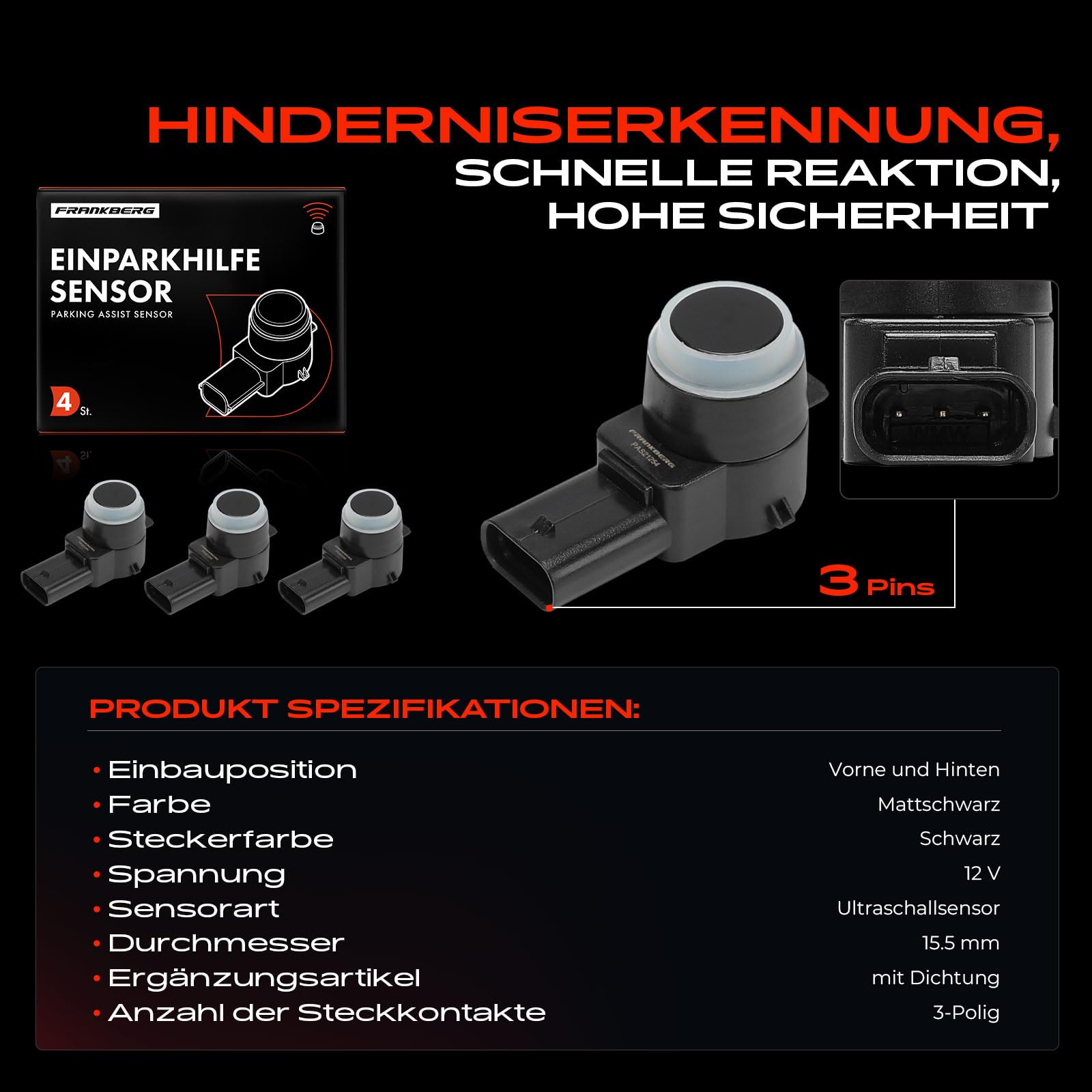 Frankberg 4x Parksensor Vorne Hinten Kompatibel mit A-Klasse W169 1.5L-2.0LElectric 2004-2012 B-Klasse W245 1.5L-2.0LElectric 2005-2011 Replace# V30720022