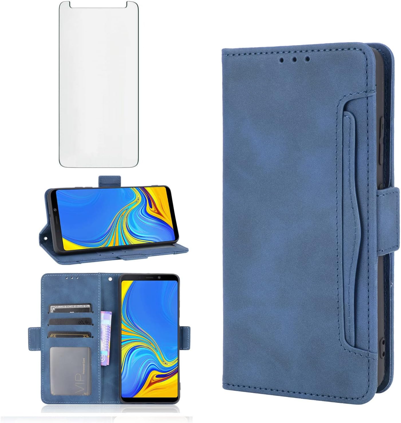Asuwish Compatible with Samsung Galaxy A9 2018 Wallet Case and Tempered Glass Screen Protector Card Holder Stand Leather Cell Phone Cover for Glaxay 9A Star Pro A9S A920 A920F Women Men Blue