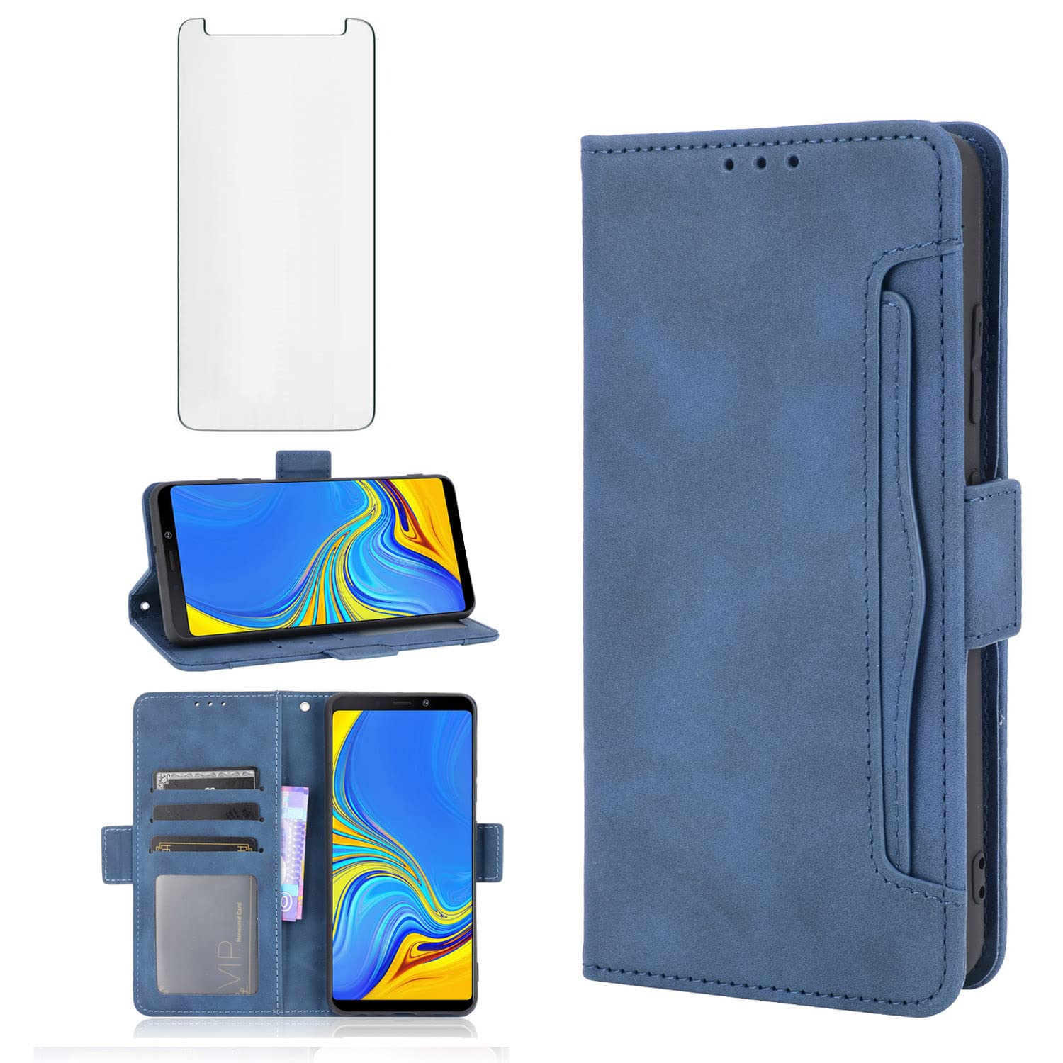Asuwish Compatible with Samsung Galaxy A9 2018 Wallet Case and Tempered Glass Screen Protector Card Holder Stand Leather Cell Phone Cover for Glaxay 9A Star Pro A9S A920 A920F Women Men Blue