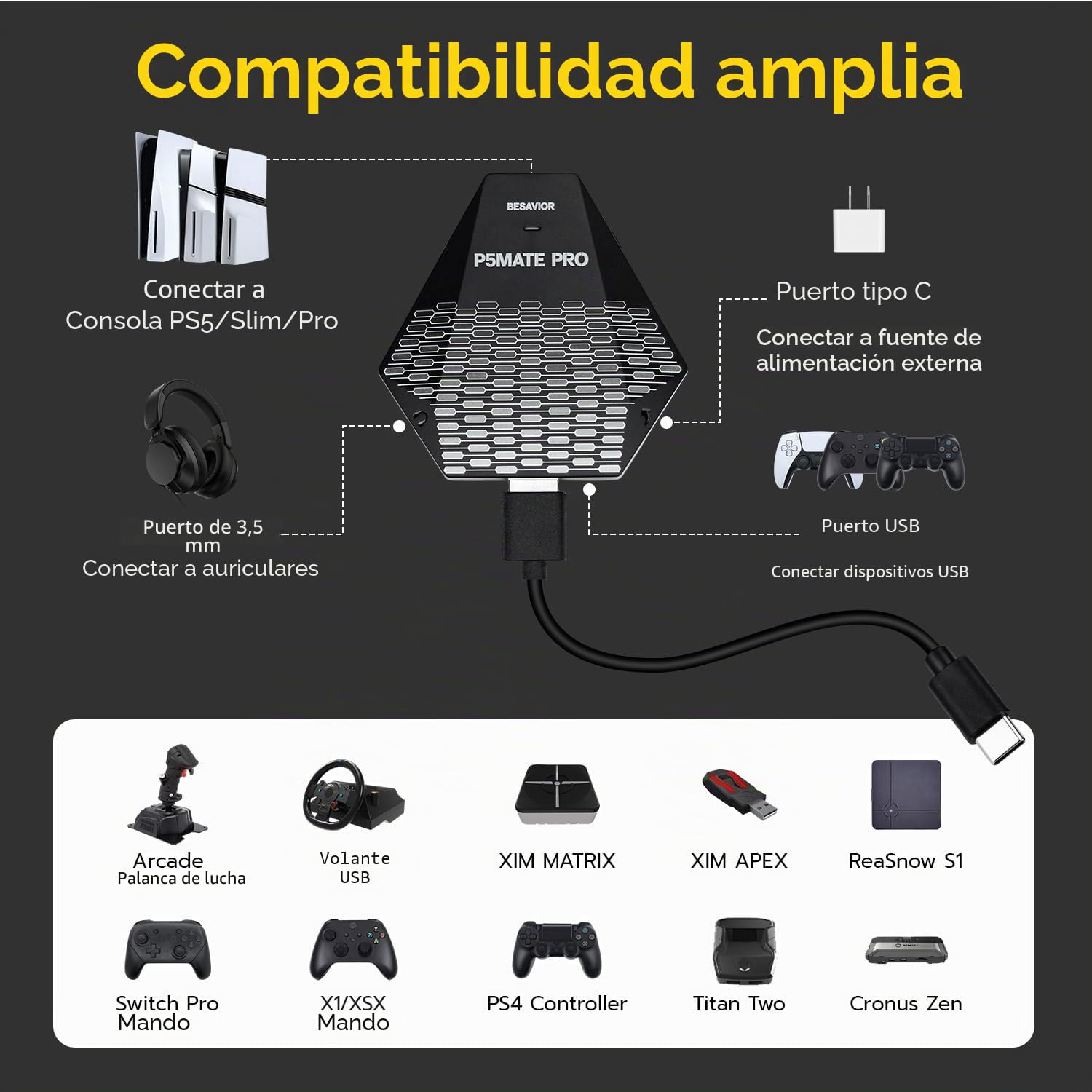 Besavior P5 Mate Pro 1000 Adaptador para PS5 - PS5 Convertidor para XIM, ReaSnow, Controller Switch, Xbox y PS4, Gaming Avanzado con Soporte Grilletes Adaptativos y Vibración, 1000Hz Baja Latencia