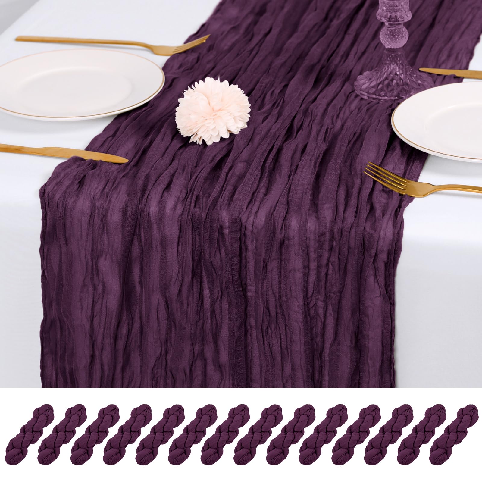 Photo 1 of RealBox 14 Pack Dark Purple Cheesecloth Table Runner 17x108 Inch Semi Sheer Boho Gauze Cheese Cloth Fabric Table Runners, for Wedding Party Baby Shower Birthday Home Decor Garden Farmhouse