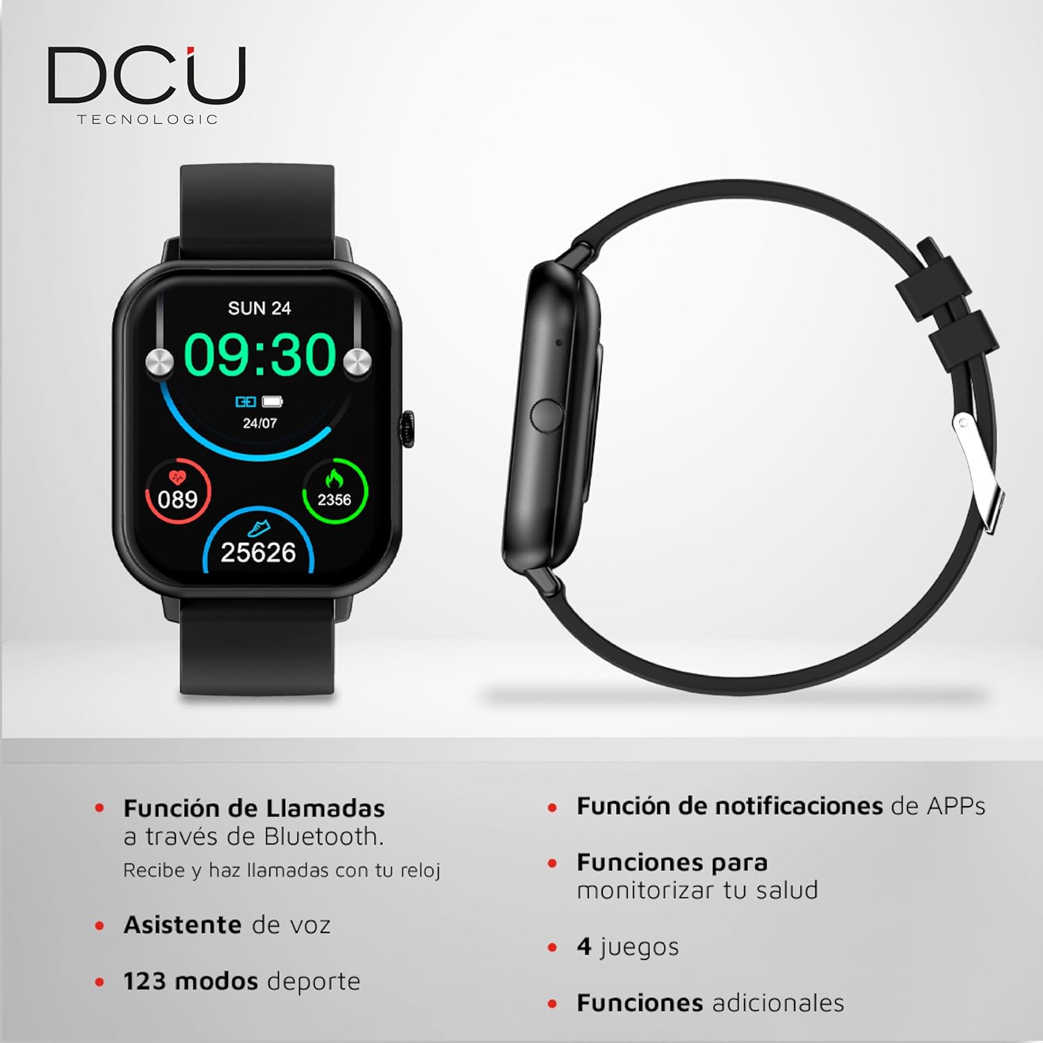 DCU TECNOLOGIC Curved Glass Pro Smartwatch displaying various feature icons