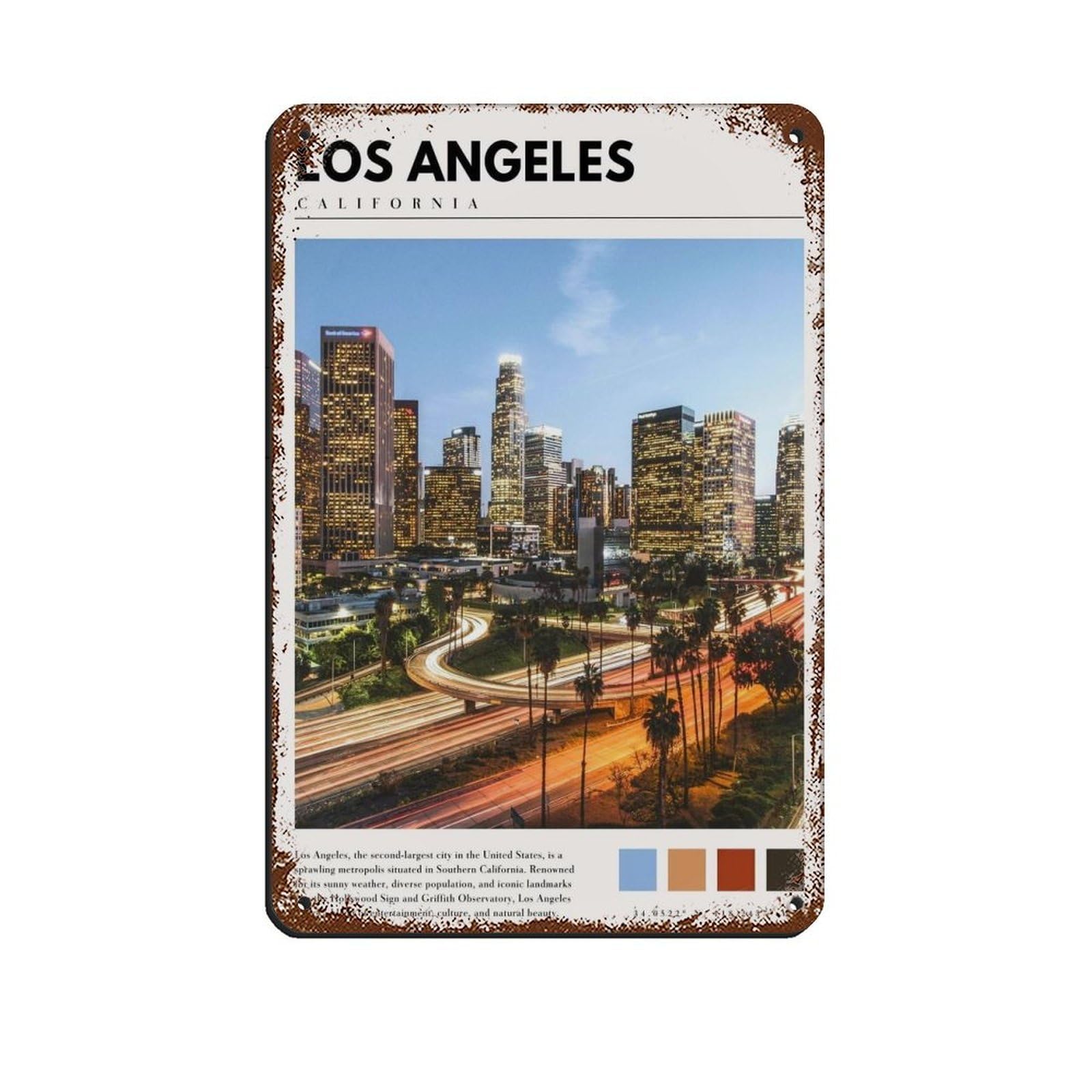 Downtown Los Angeles Poster Retro Poster Metal Tin Sign Chic Art Retro Iron Painting Bar People Cave Cafe Family Garage Poster Wall Decoration 8x12inch(20x30cm)