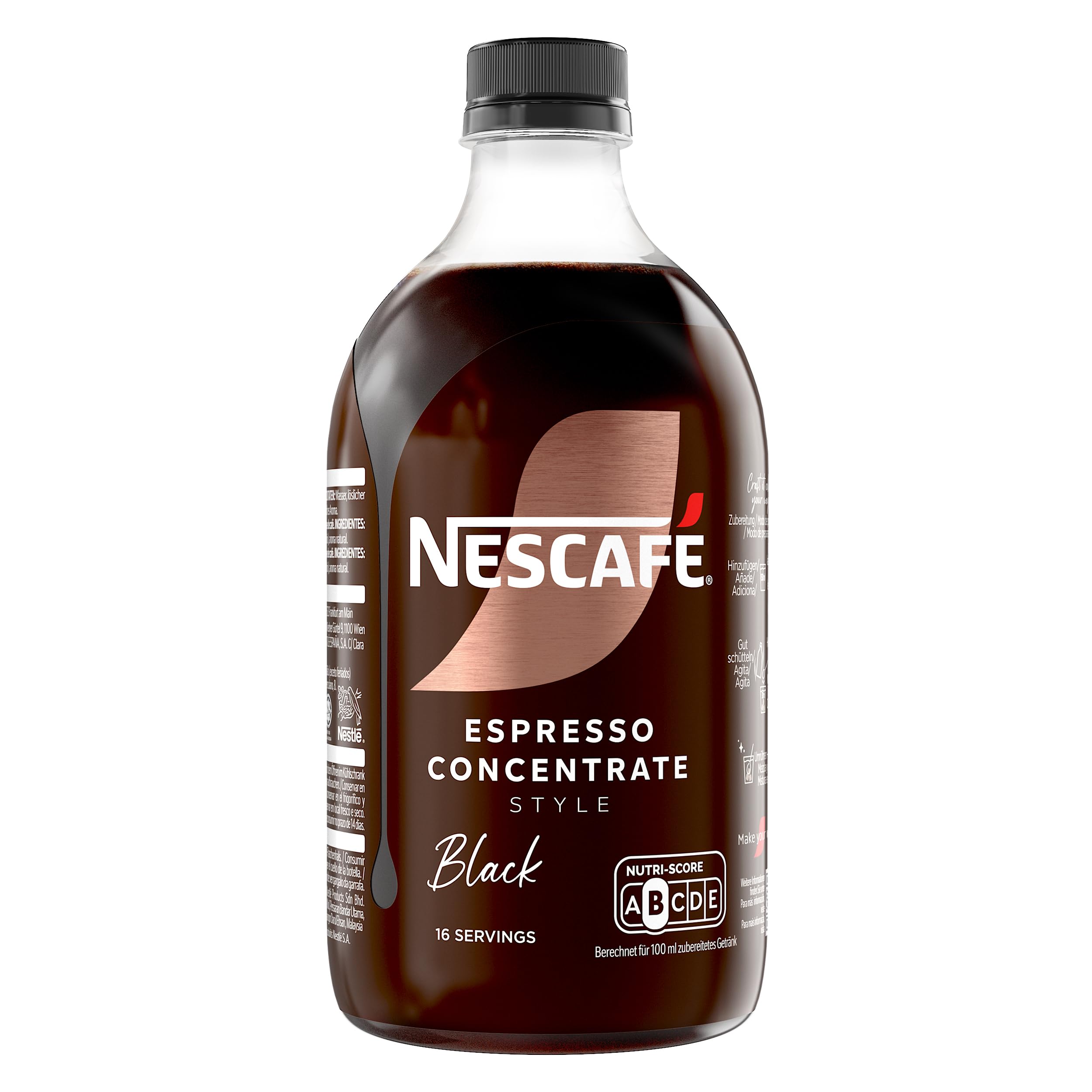NESCAFÉ Espresso Concentrate Black, con café Arábica, sin azúcar, Concentrado de café líquido para iced coffee y lattes, Botella 500 ml