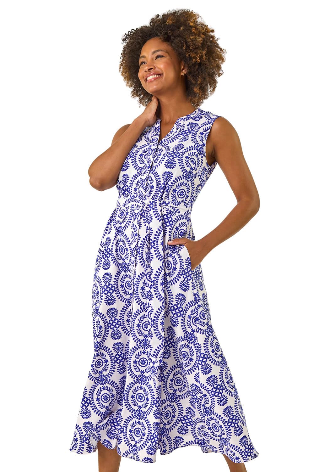 Roman Women's Royal Circle Print Belted Midi Dress In Size 20