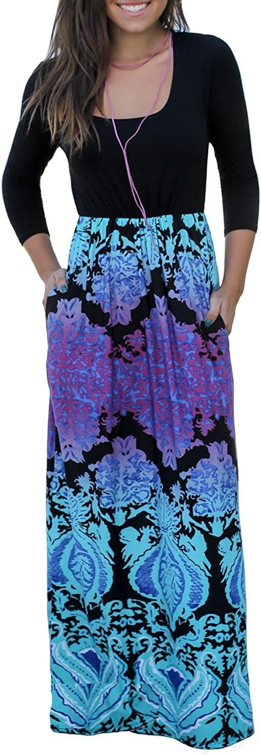 Trancylight Women Casual 3/4 Sleeve Printed Long Maxi Dresses with Pockets (Aque, S)