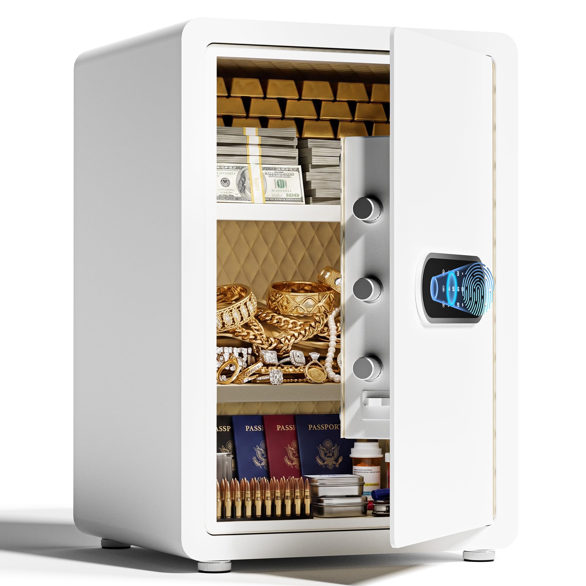2.0 Cub Biometrischer Safe mit automatischem Öffnen von Fingerabdrucken, mit digitalem Touchscreen-Schloss, Dual-Alarm, Sicherheits-Wandhalterung, Schloss, Schmuck und Wertsachen, Weiß