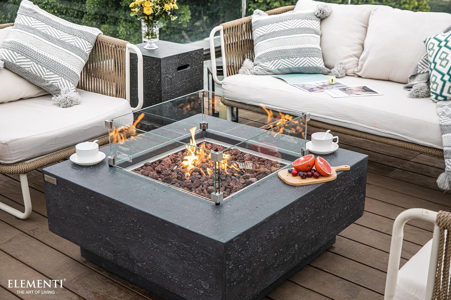 Elementi Manhattan Gas Fire Pit Bundle Concrete Fire Table, Outdoor Fire Pit Electronic Ignition | Canvas Cover, Lava Rock Included | Free AMS Wind Guard | Dark Gray (Natural Gas)
