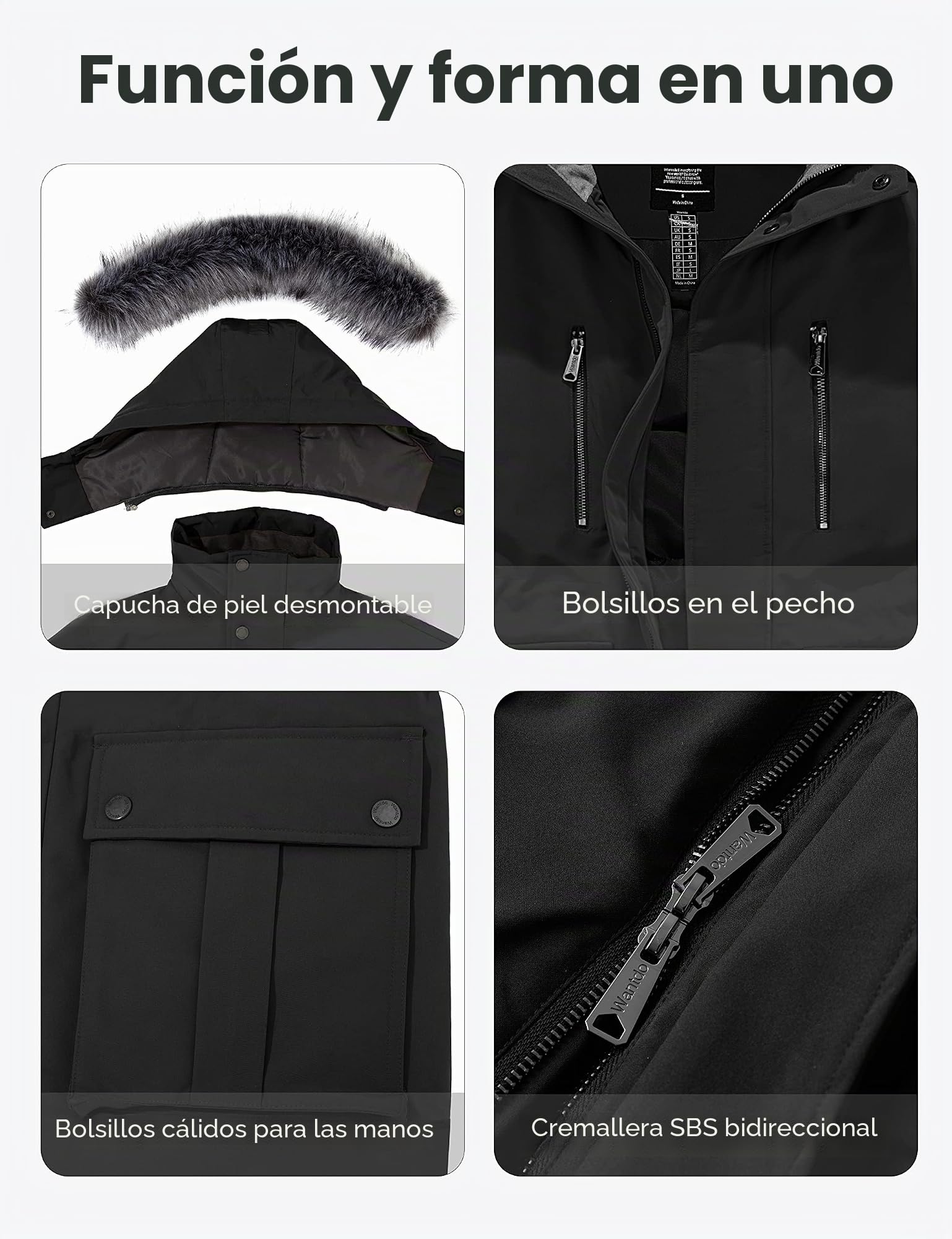 Wantdo Chaquetas de Algodón Invierno al Aire Libre Parkas Gruesa Capucha Desmontable con Pelo Chaqueta de Lana Resistente al Agua Abrigo Ajustado con Cinturón Hombres