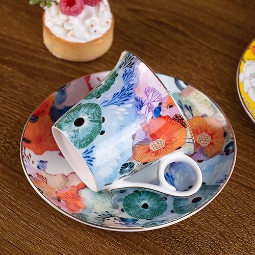 Miniatura 6 de KAMMAK Juego de 2 tazas de té y platillos, tazas de café de porcelana reforzada, tazas de café apilables de 5.7 onzas, demitasse de cerámica para
