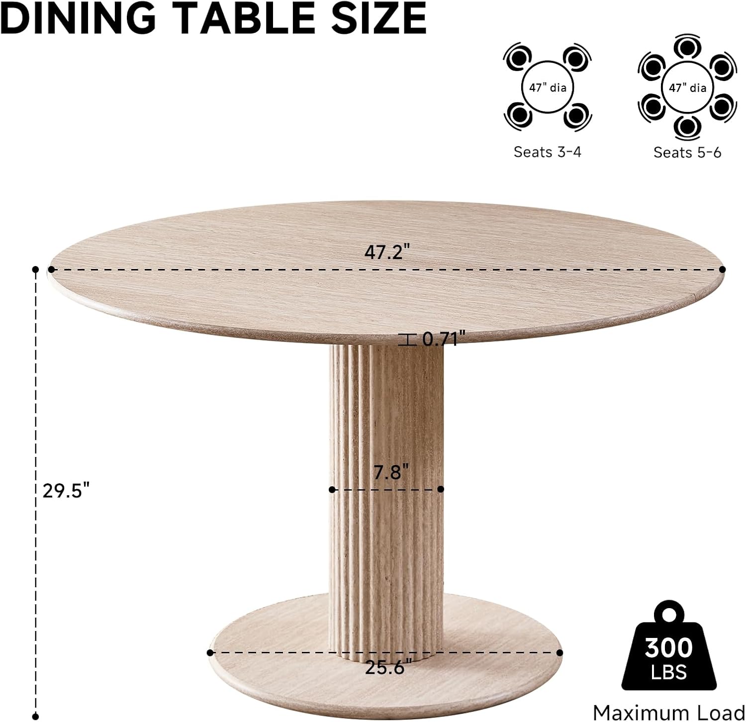 47" Round Dining Table for 4, [Cylinder Pedestal Base] [Stone-Patterned] Modern Circle Dinner Table for Kitchen Dining Living Room, Natual