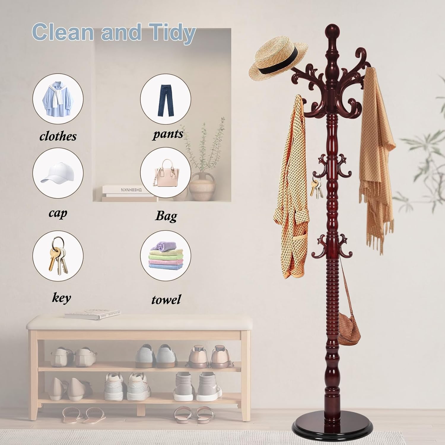 Wooden Coat Rack Stand, Coat Rack Freestanding with Sturdy Round Base, Adjustable Height Tree Coat Racks Stand for Home Bedroom Hallway Entryway Office