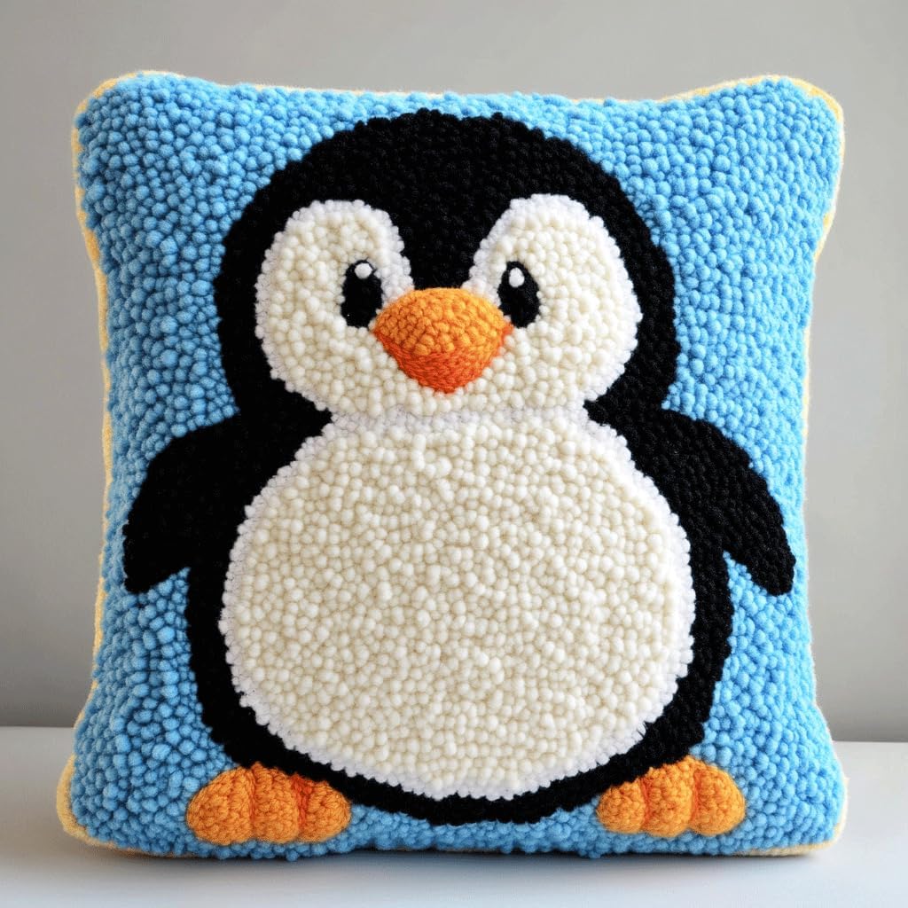 AMBATTERY Latch Hook Kits for Adults Beginners Animal Penguin Pre-Printed Latch Hook Pillow Kit Cross-Stitch Cushion for Home Sofa Decor 17x17 in