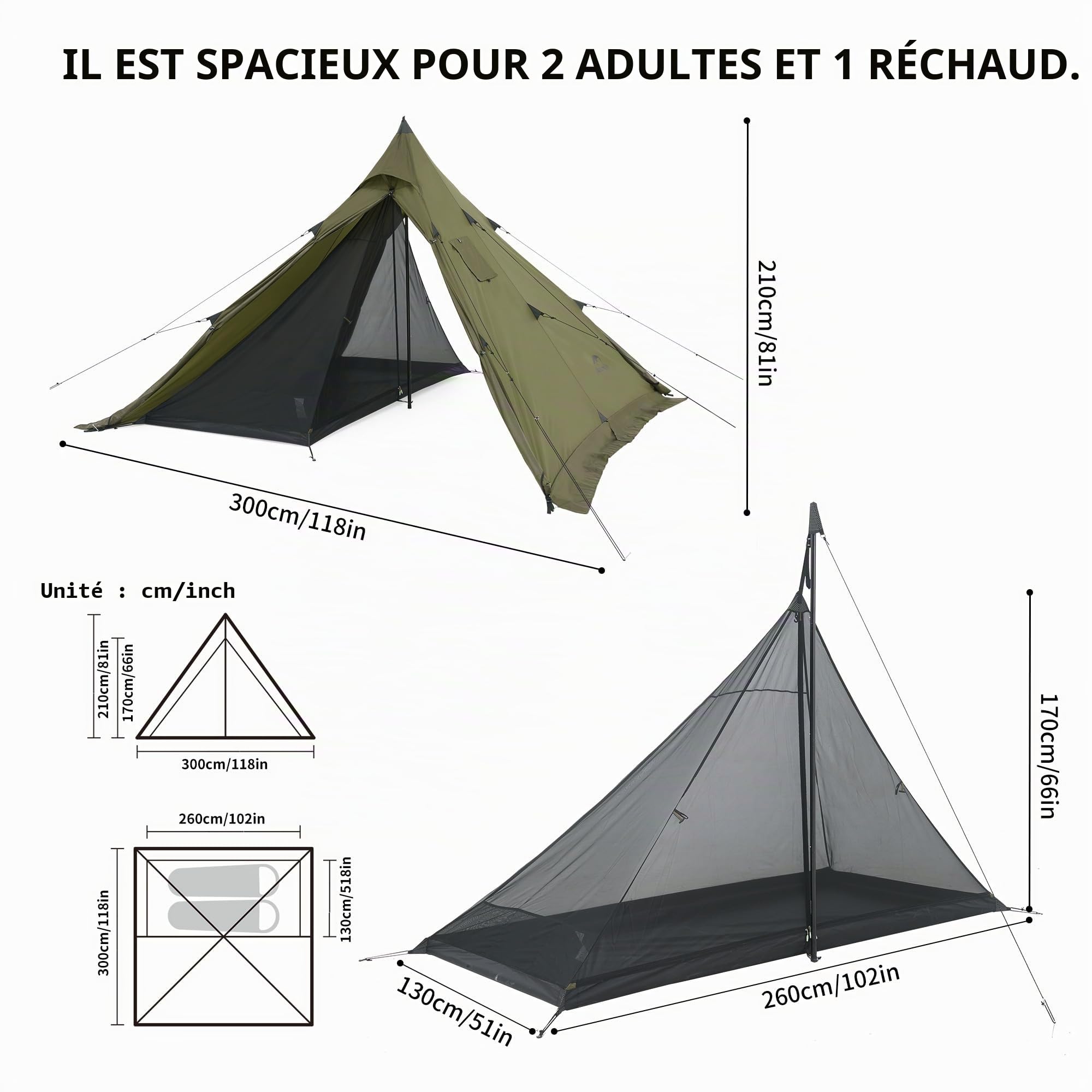Naturehike Tente tipi pour 3 à 4 personnes, imperméable, coupe-vent, montage facile, tente pyramidale pour extérieur, camping, famille