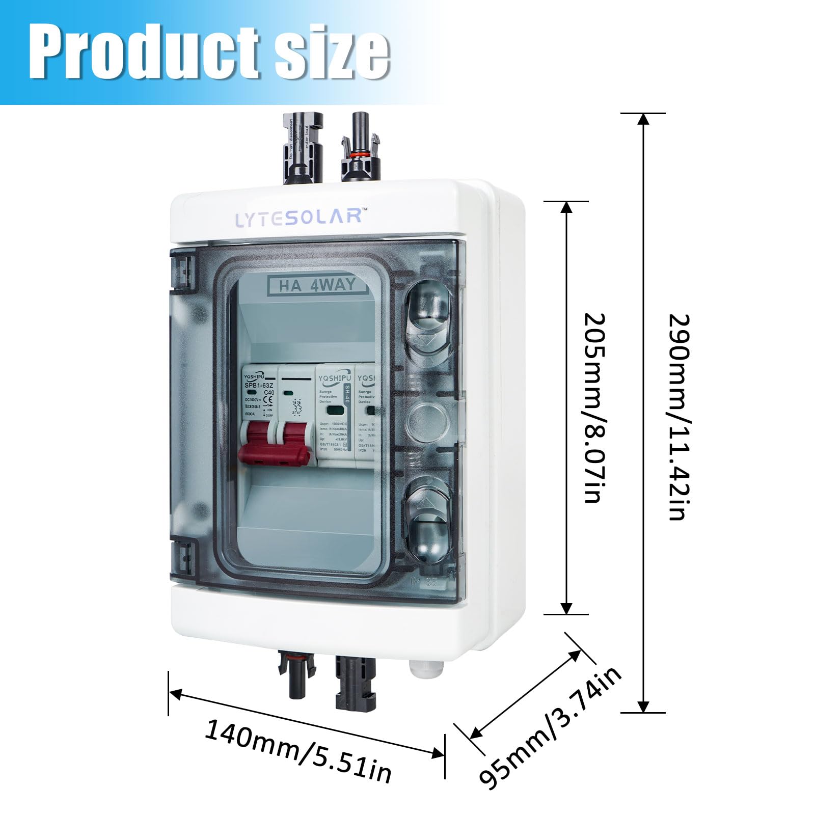 1 x 1000 V 40 A DC solarny przełącznik rozłączający puszkę łączącą z ochroną przeciwprzepięciową i złączami paneli słonecznych, wodoodporna IP65 Plug and Play