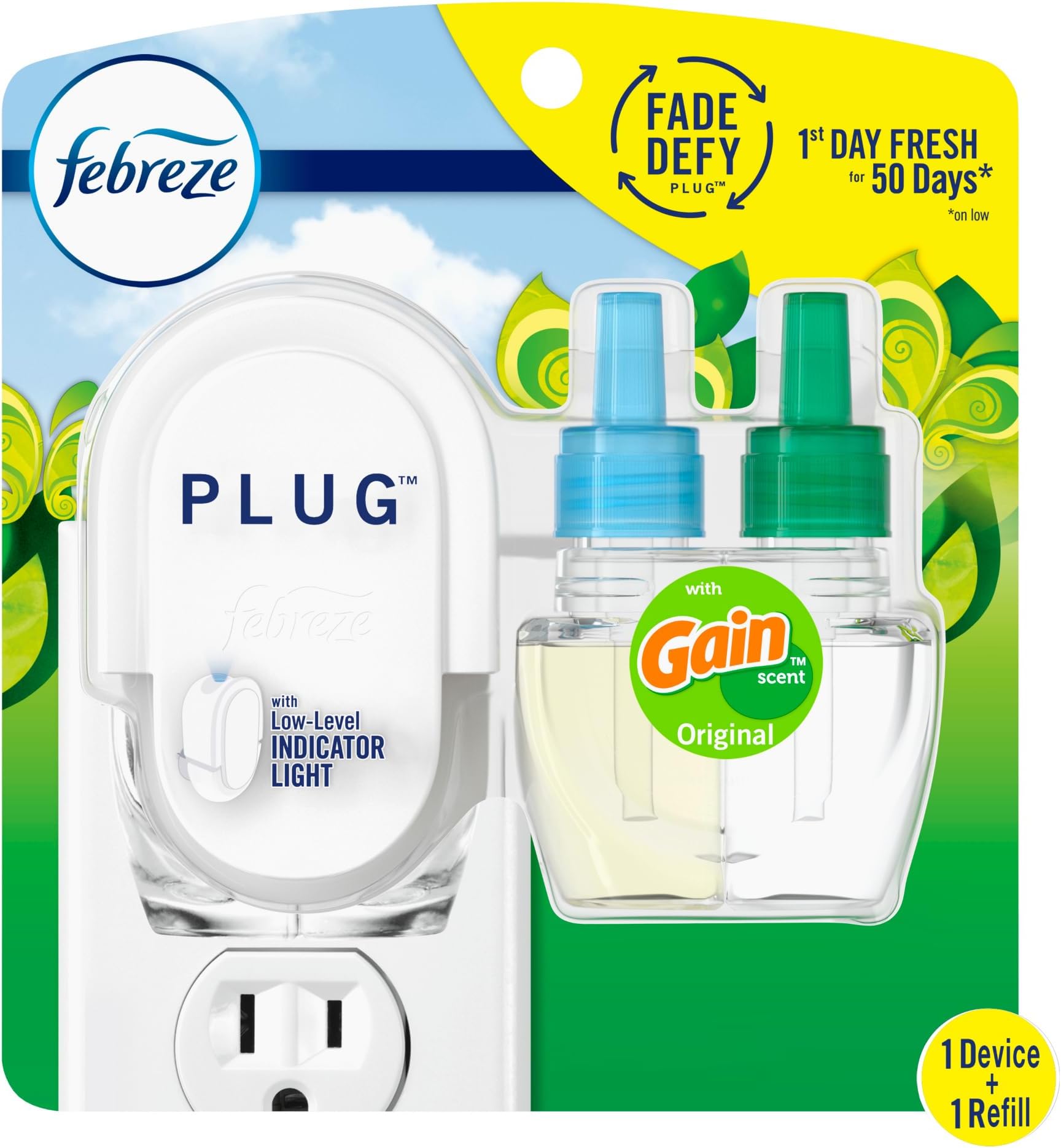 Febreze Plug in Air Freshener, Odor-Fighting Scented Oil Starter Kit, Air Fresheners for Home and Bathroom and Kitchen, Long Lasting for Strong Odors, Gain Original Scent, Warmer + 1 Refill